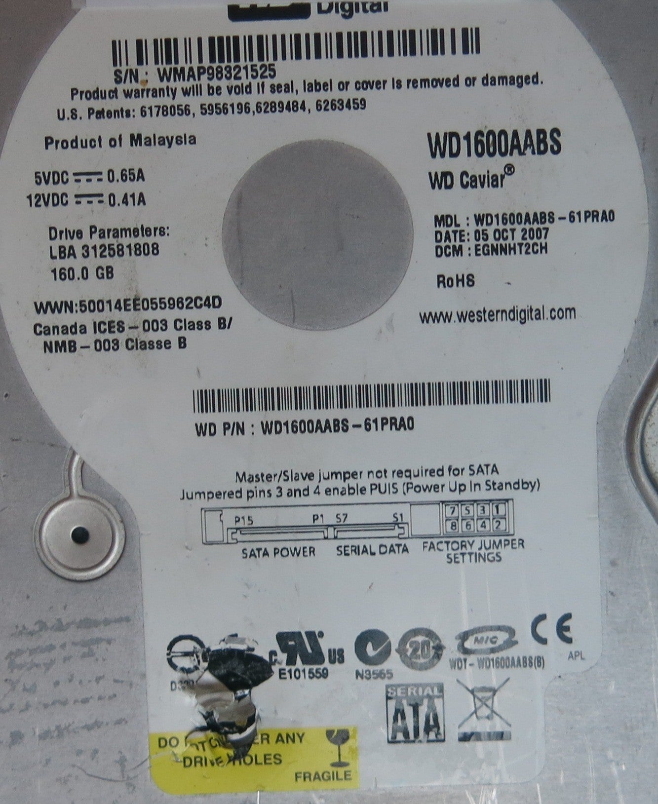 WD1600AABS-61PRA0, PN , DCM  EGNNHT2CH, 2060-701444-003 REV A PCB