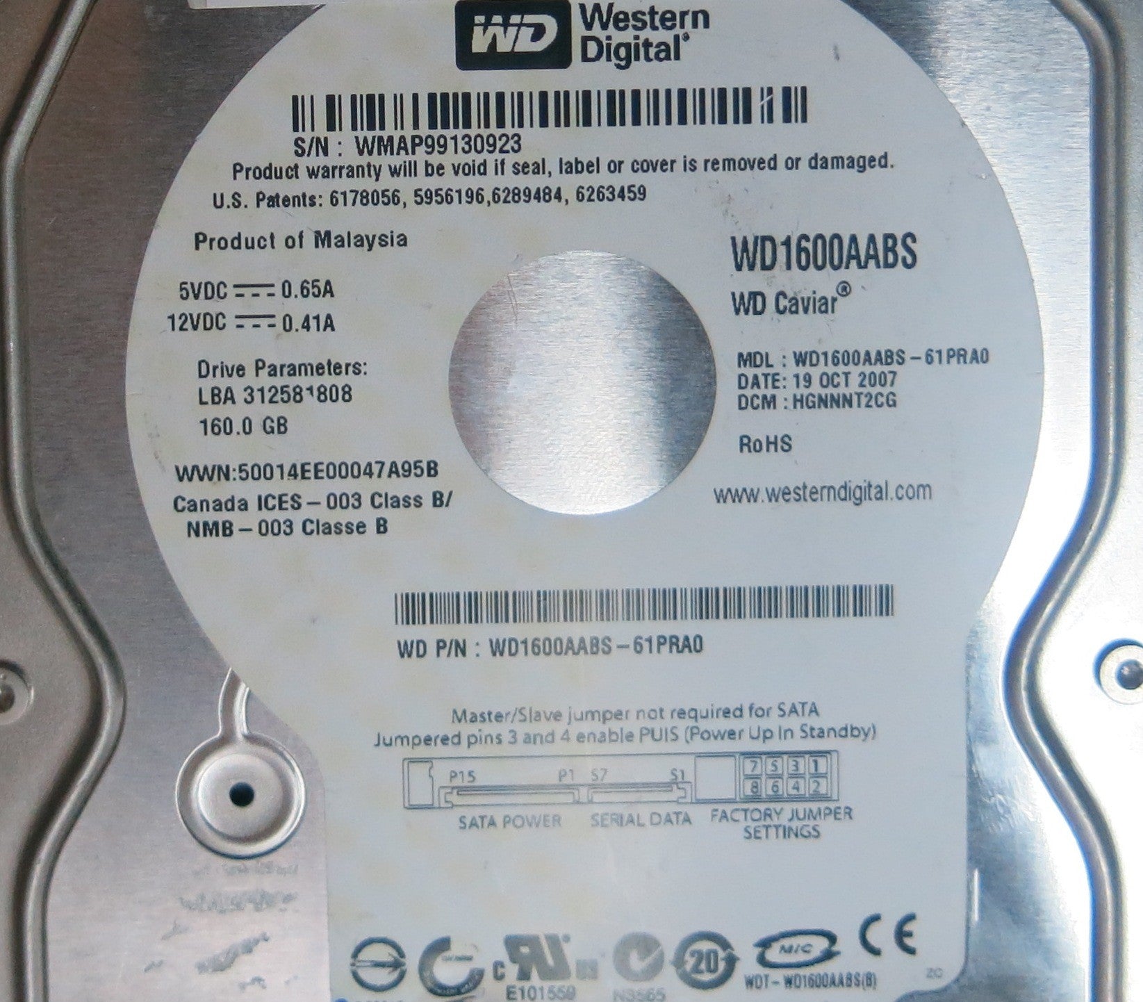 WD1600AABS-61PRA0, PN , DCM  HGNNNT2CG, 2060-701444-004 REV A PCB