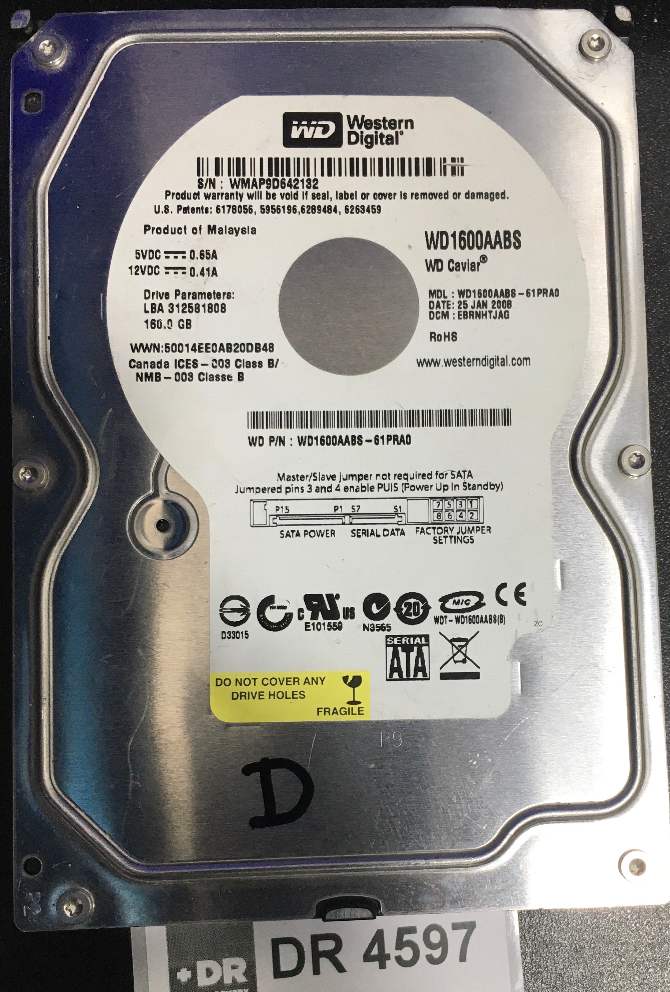 WD1600AABS-61PRA0,  Serial: WMAP9D642132,  160GB 3.5  PCB:2060-701444-004- REV A