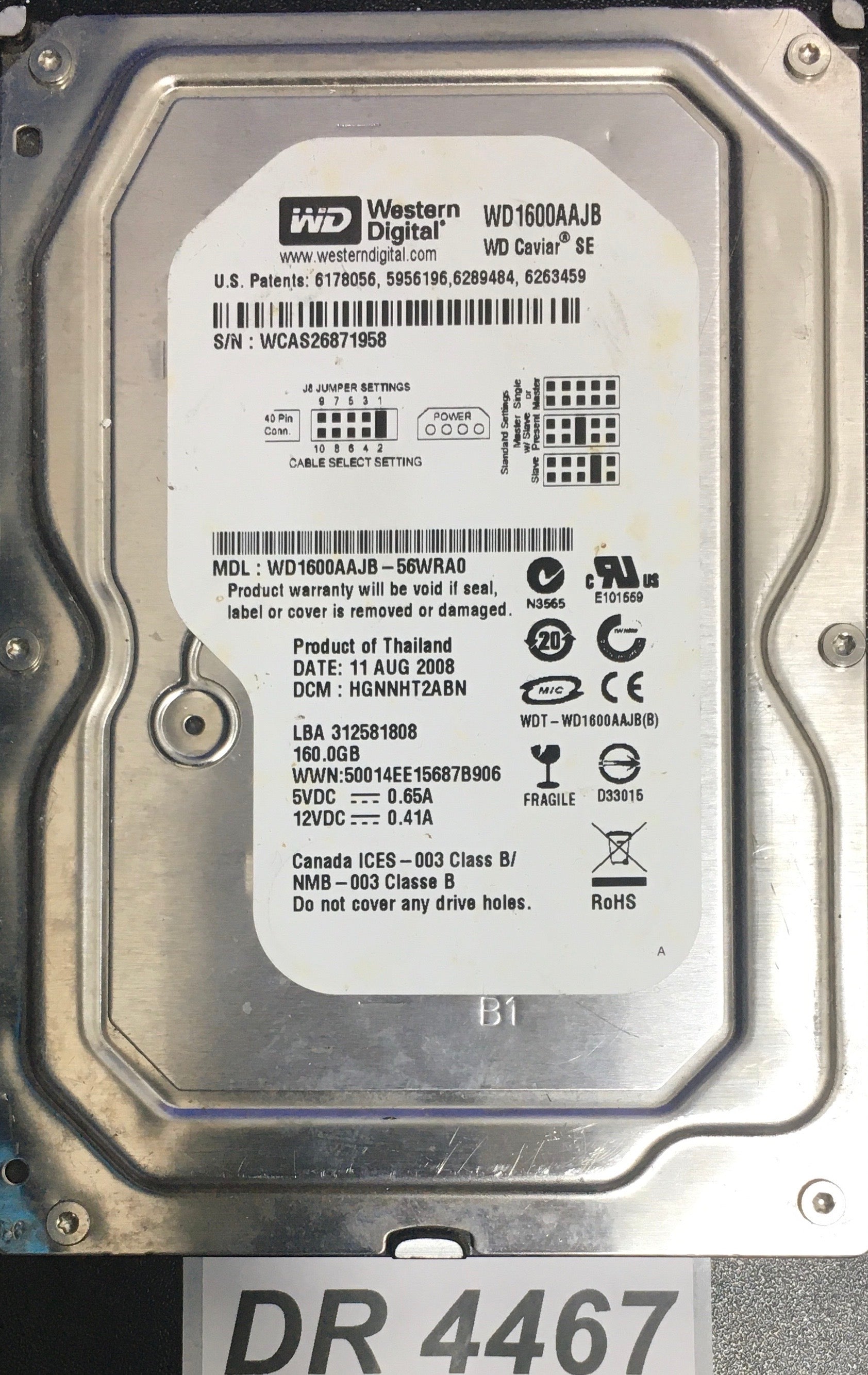 WD1600AAJB-56WRA0 Serial: WCAS26871958  160GB 3.5  PCB: 2060-701563-000 REV A