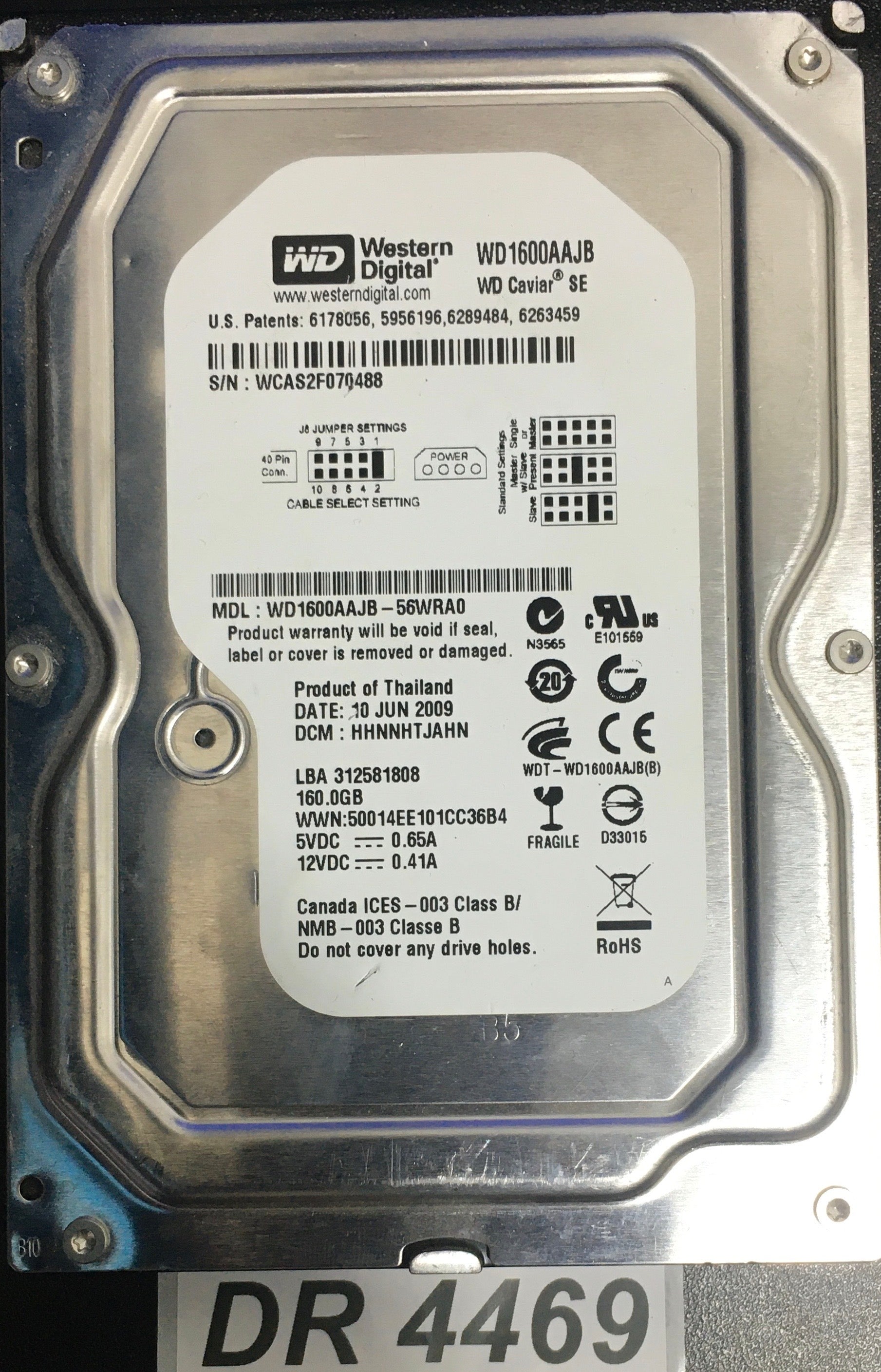 WD1600AAJB-56WRA0 Serial:WCAS2F070488   160GB 3.5  PCB: 2060-701563-000 REV A