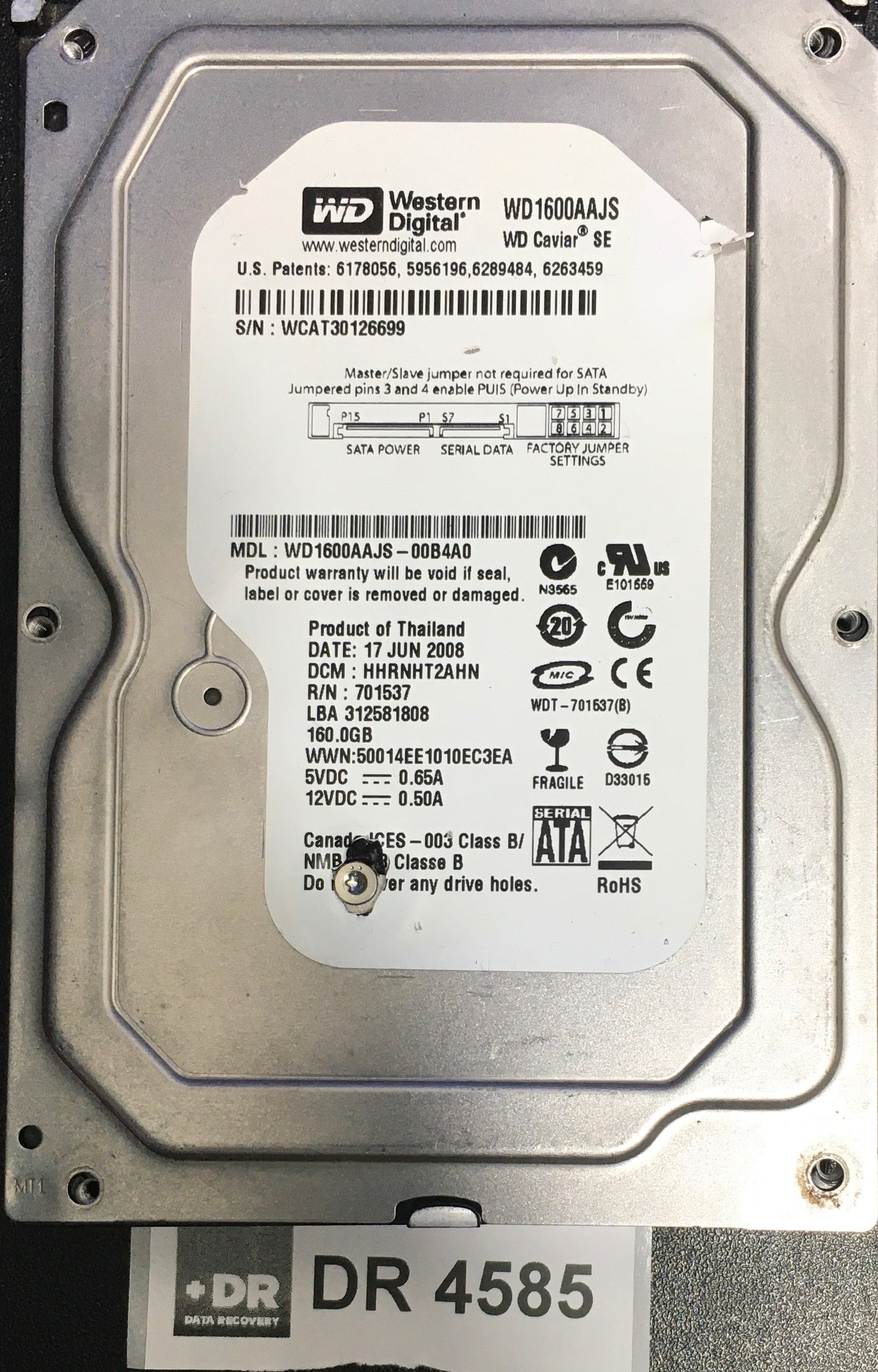 WD1600AAJS-00B4A0,  Serial: WCAT30126699,  160GB 3.5  PCB:2060-701537-004- REV A