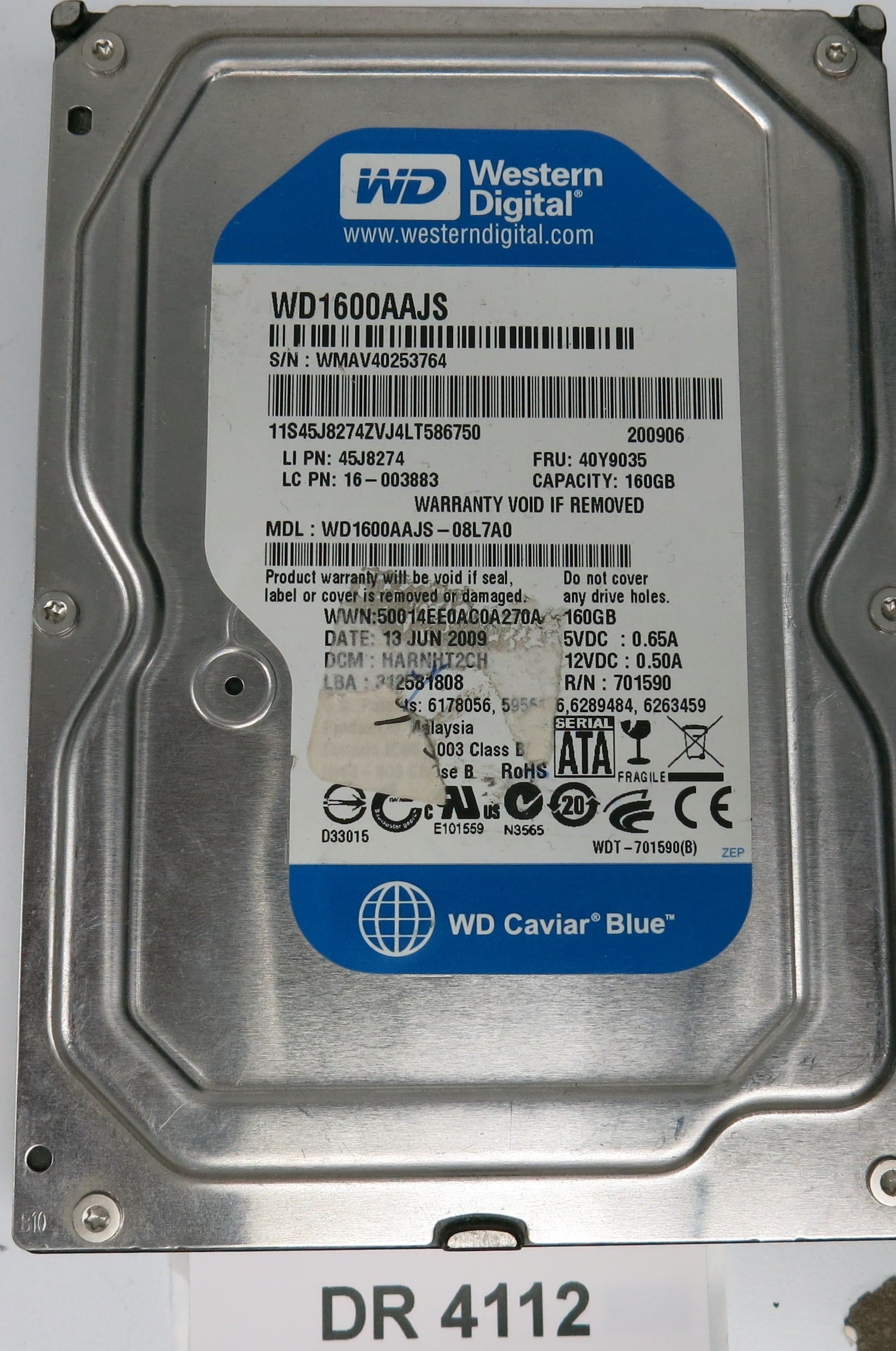 WD1600AAJS-08L7A0, DCM: HARNHT2CH, Serial: WMAV40253764, 160GB 3.5, PCB 2060-701590-000 REV A