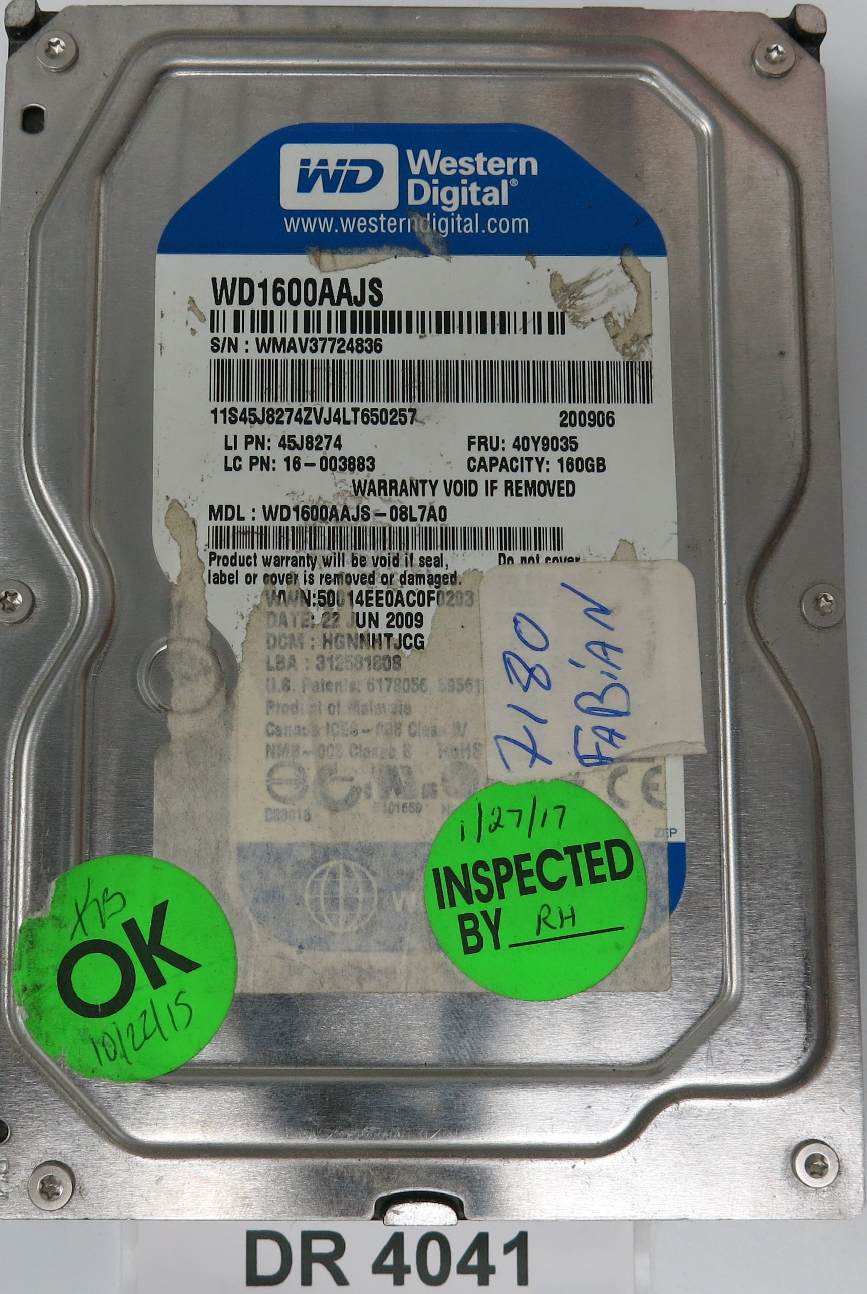 WD1600AAJS-08L7A0, DCM: HGNNNTJCG, Serial Number: WMAV37724836, 160GB 3.5, PCB 2060-701590-000 REV A