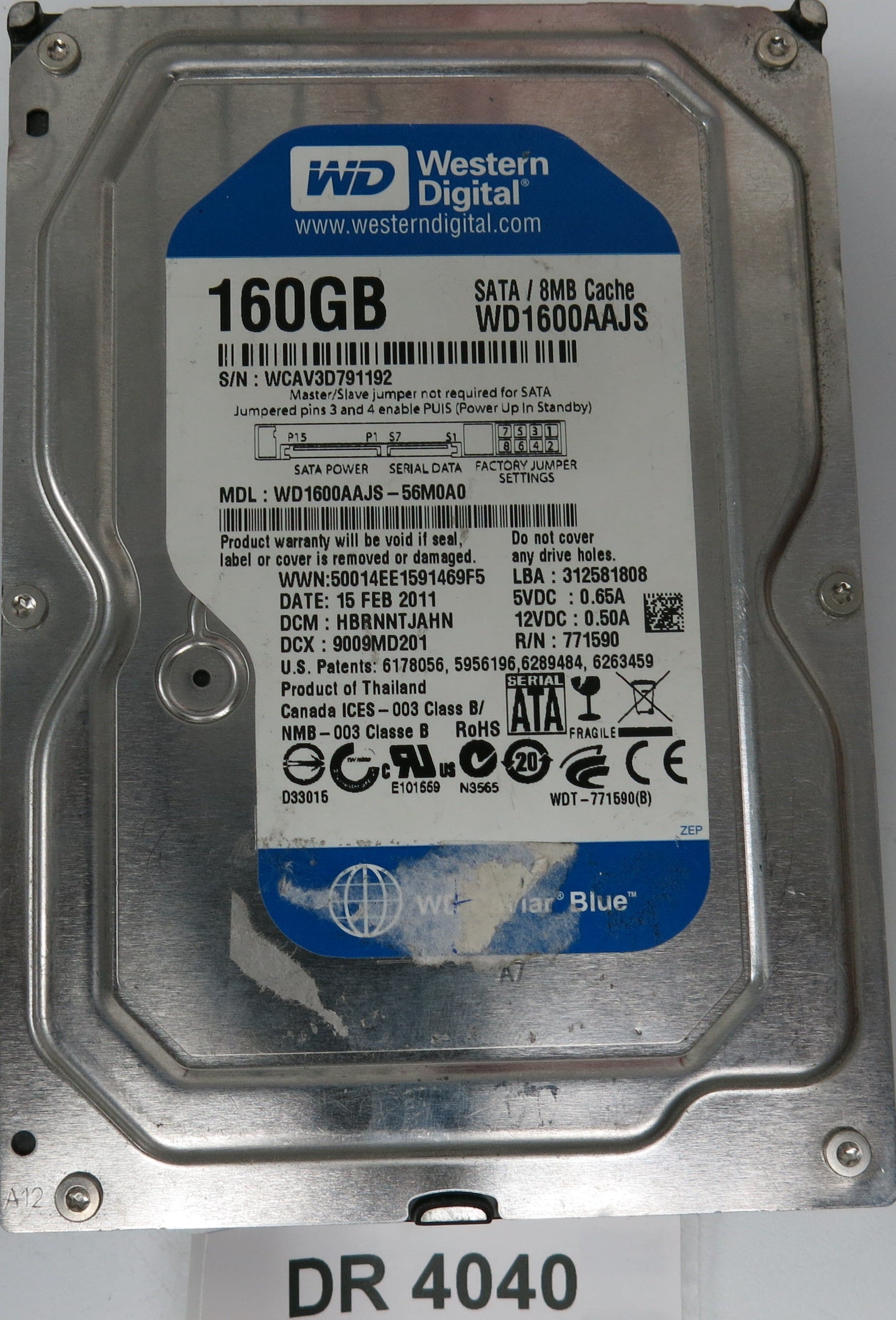 WD1600AAJS-56M0A0, DCM: HBRNNTJAHN, Serial Number: WCAV3D791192, 1600GB 3.5, PCB 2060-701590-001 REV P2