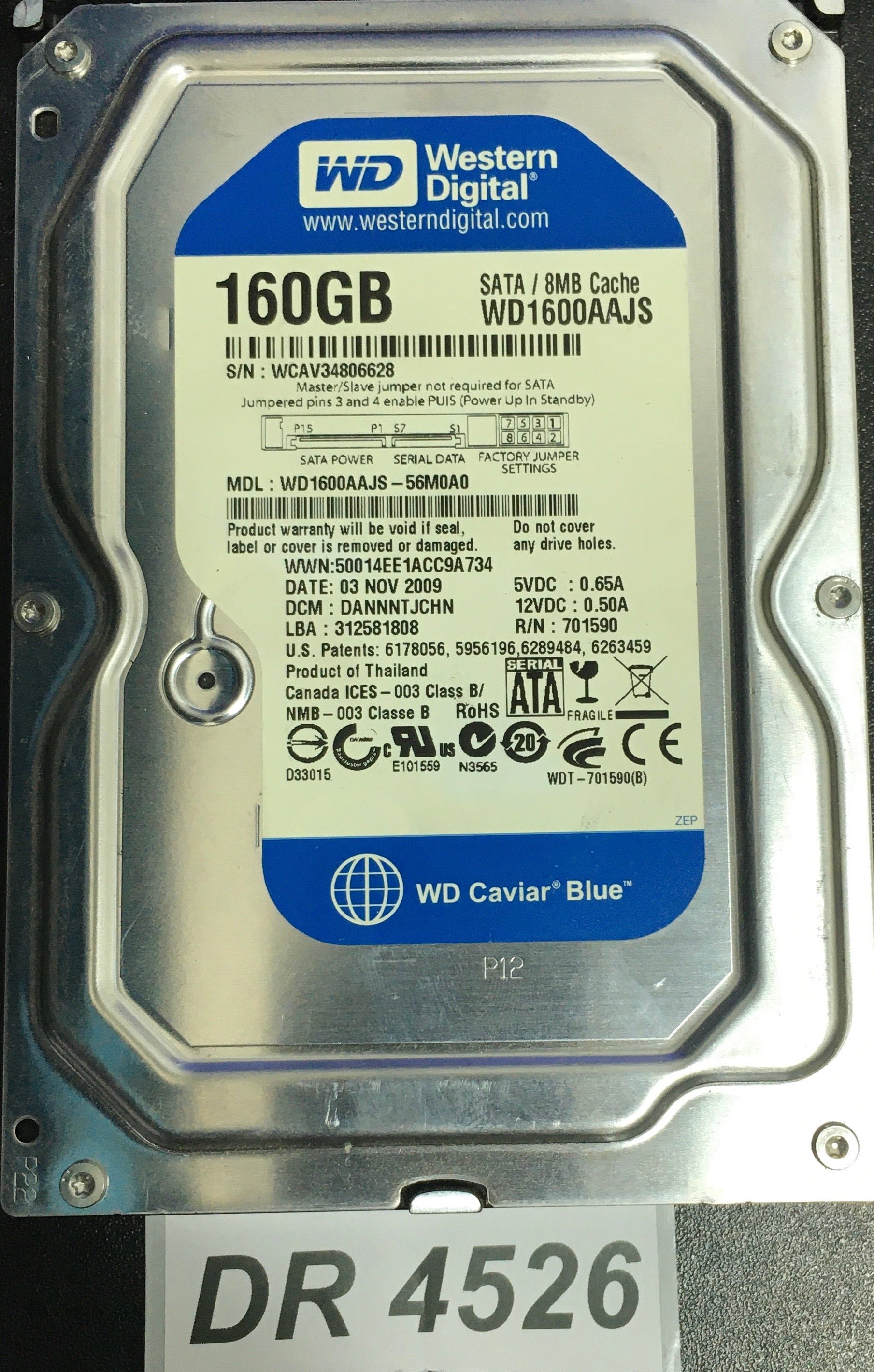 WD1600AAJS-56M0A0  Serial:WCAV34806628  160GB 3.5  PCB: 2060-701590-000 REV A