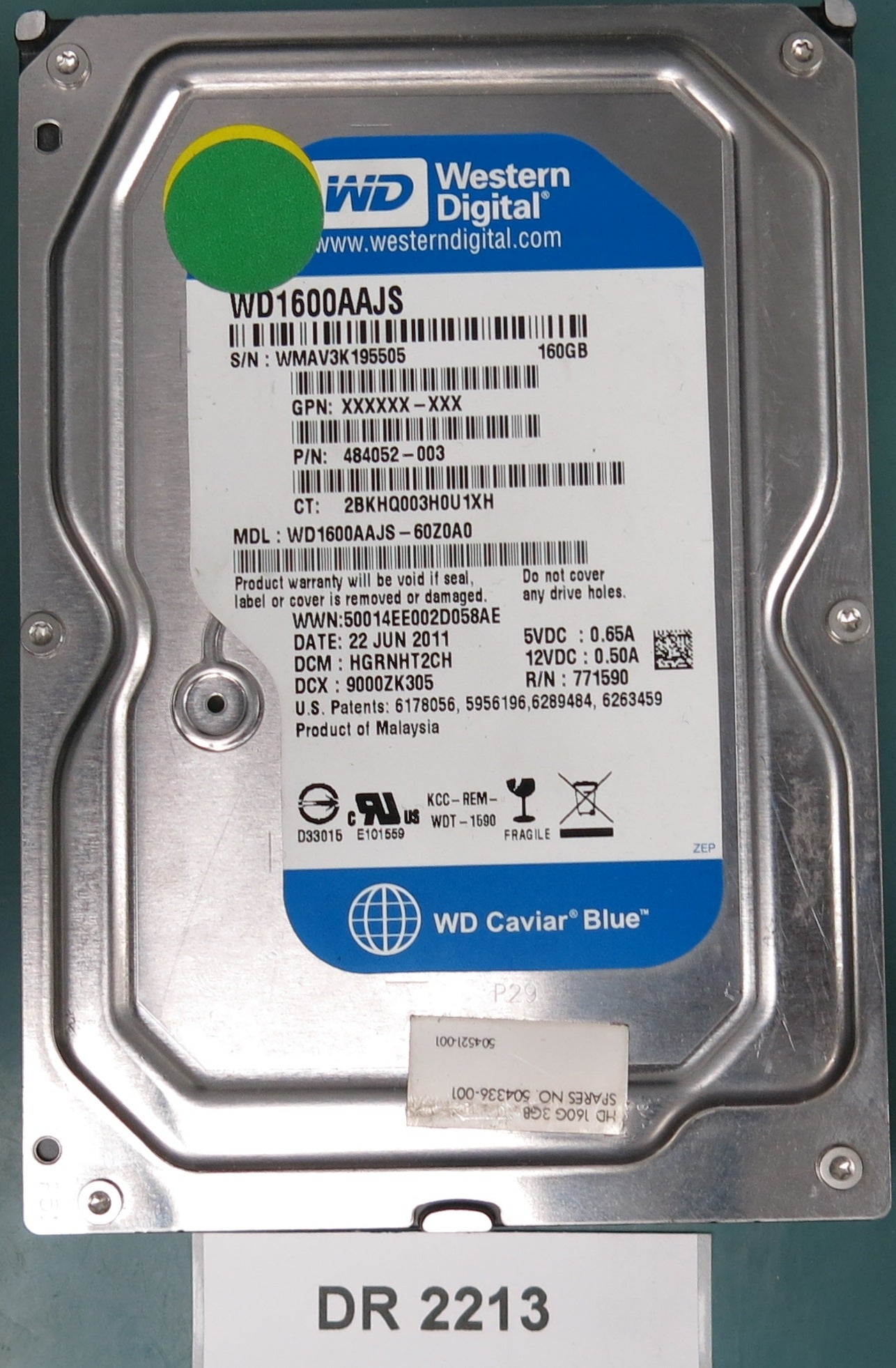 WD1600AAJS-60Z0A0,  SEIAL:WMAV3K195505,  160GB 3.5,  PCB 2060-771590-001 REV A