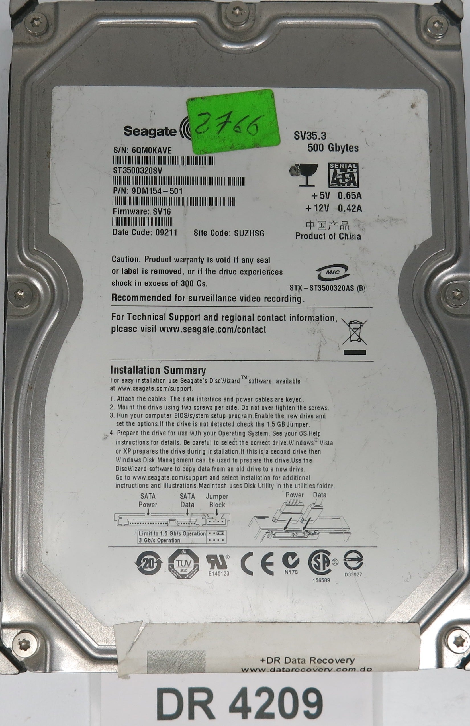 ST3500320SV,  P/N:9DM154-501,  FW:SV16,  Serial:6QM0KAVE,  500GB 3.5