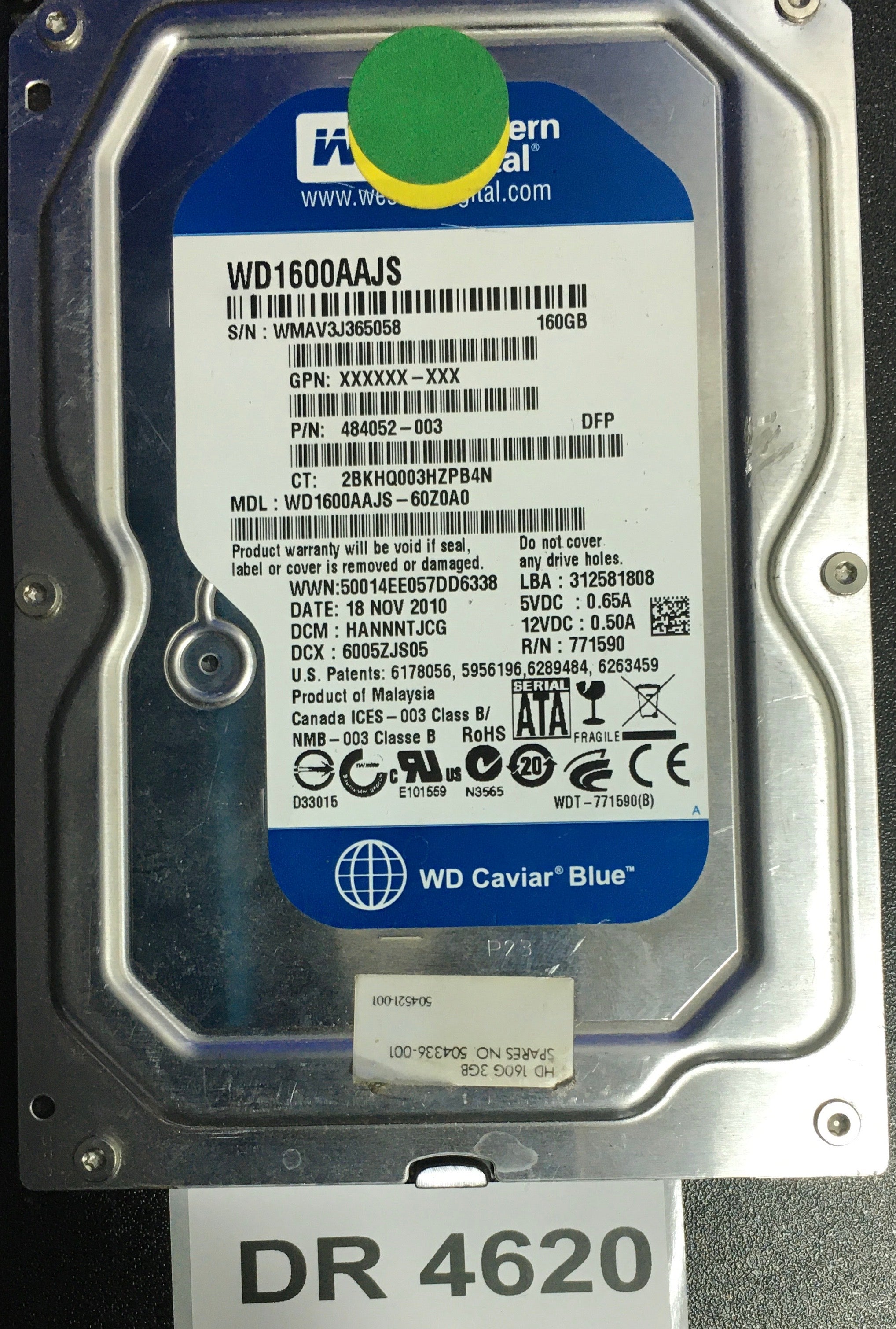 WD1600AAJS-60Z0A0,  Serial: WMAV3J365058,  160GB 3.5  PCB:2060-771590-001- REV A