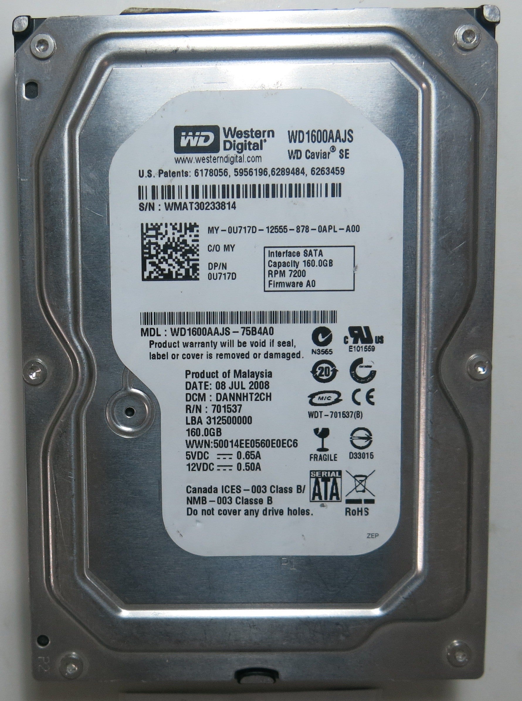 WD1600AAJS-75B4A0 PCB: 2060-701537-003 REV A SERIAL NUMBER: WMAT30233814 FW DANNHT2CH 160GB