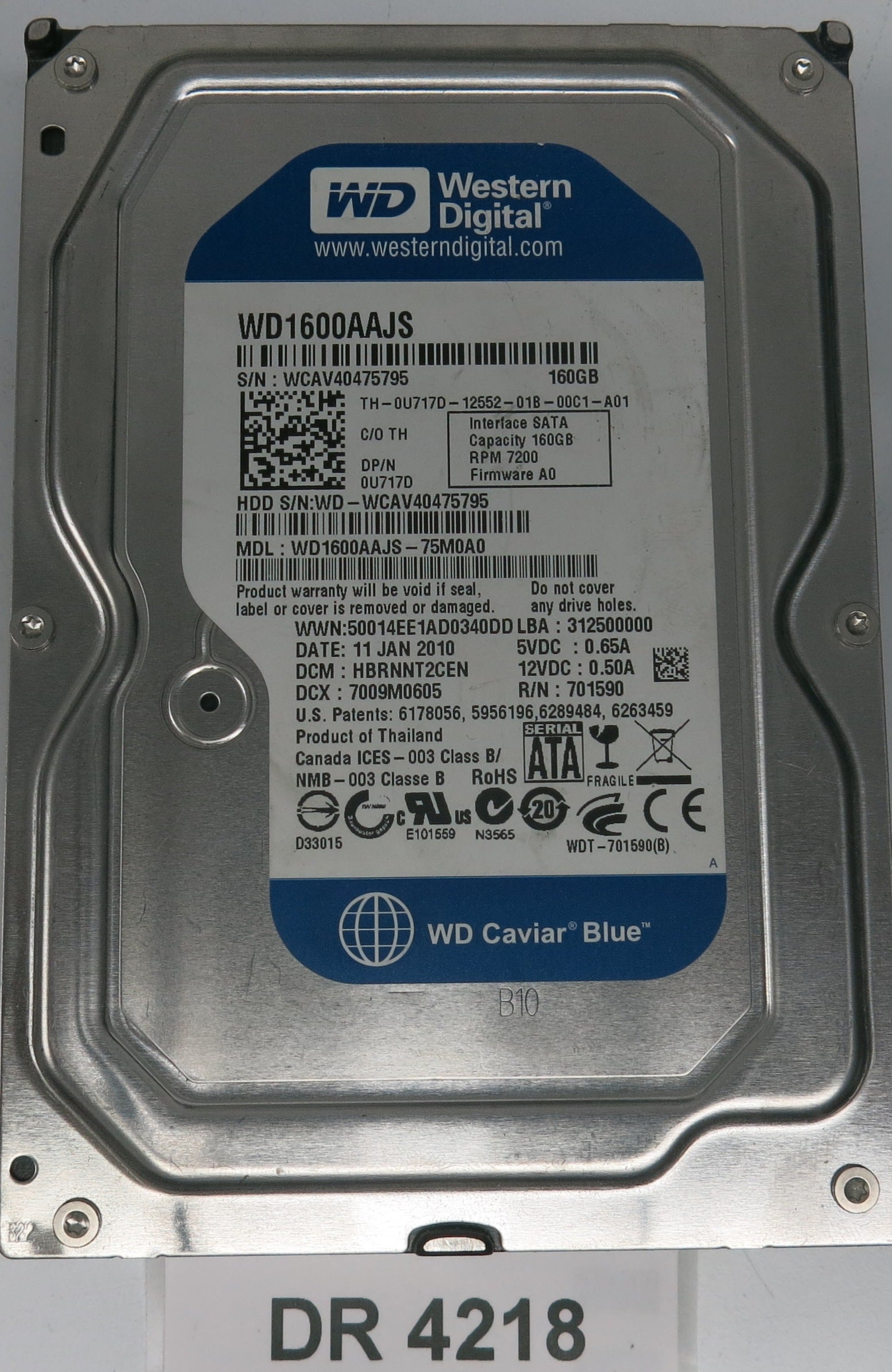 WD1600AAJS-75M0A0,  DCM: HBRNNT2CEN,  Serial: WCAV40475795,  160GB 3.5,  PCB 2060-701590-001 REV A