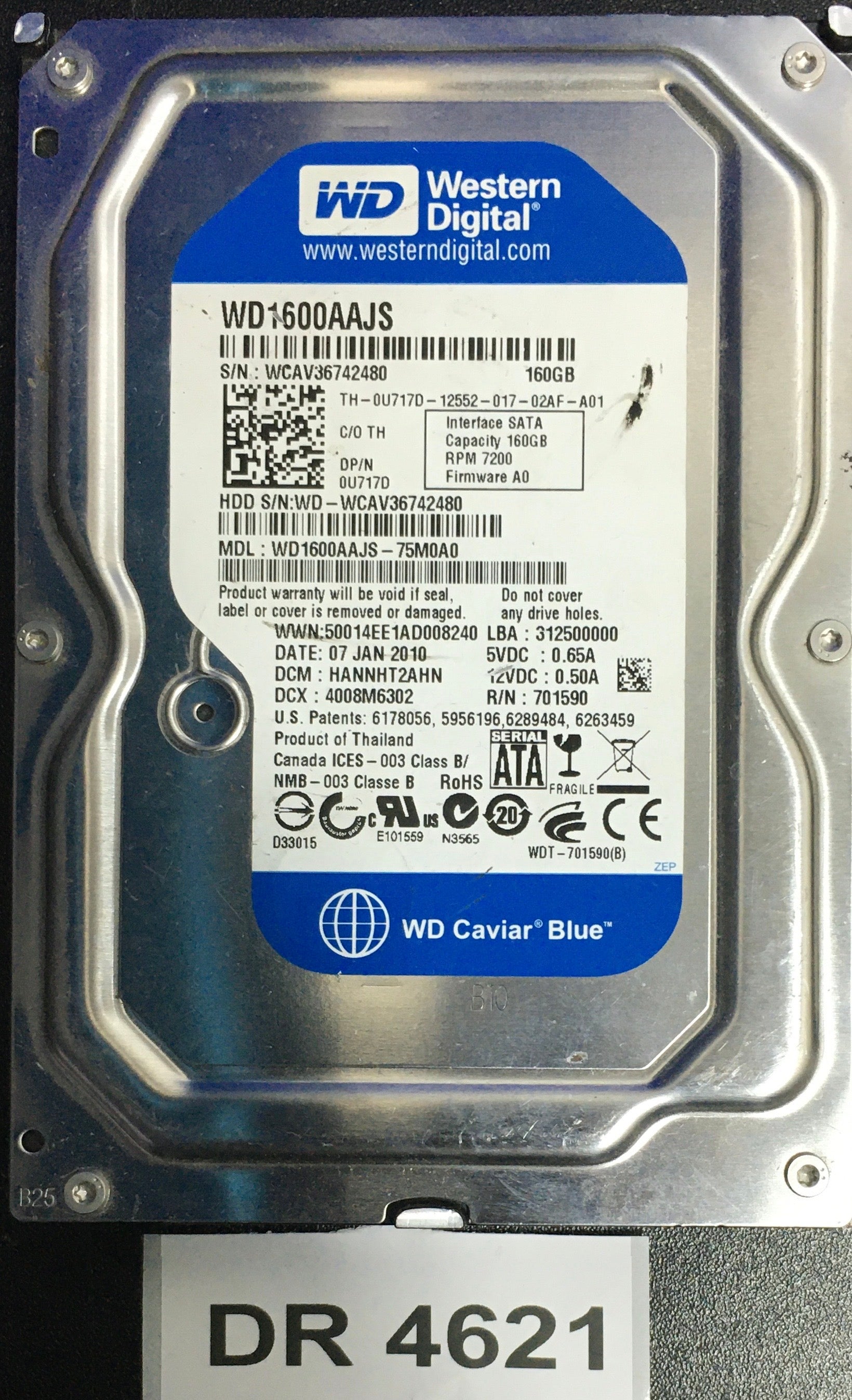WD1600AAJS-75MA0,  Serial: WCAV36742480,  160GB 3.5,  PCB:2060-701590-001- REV A