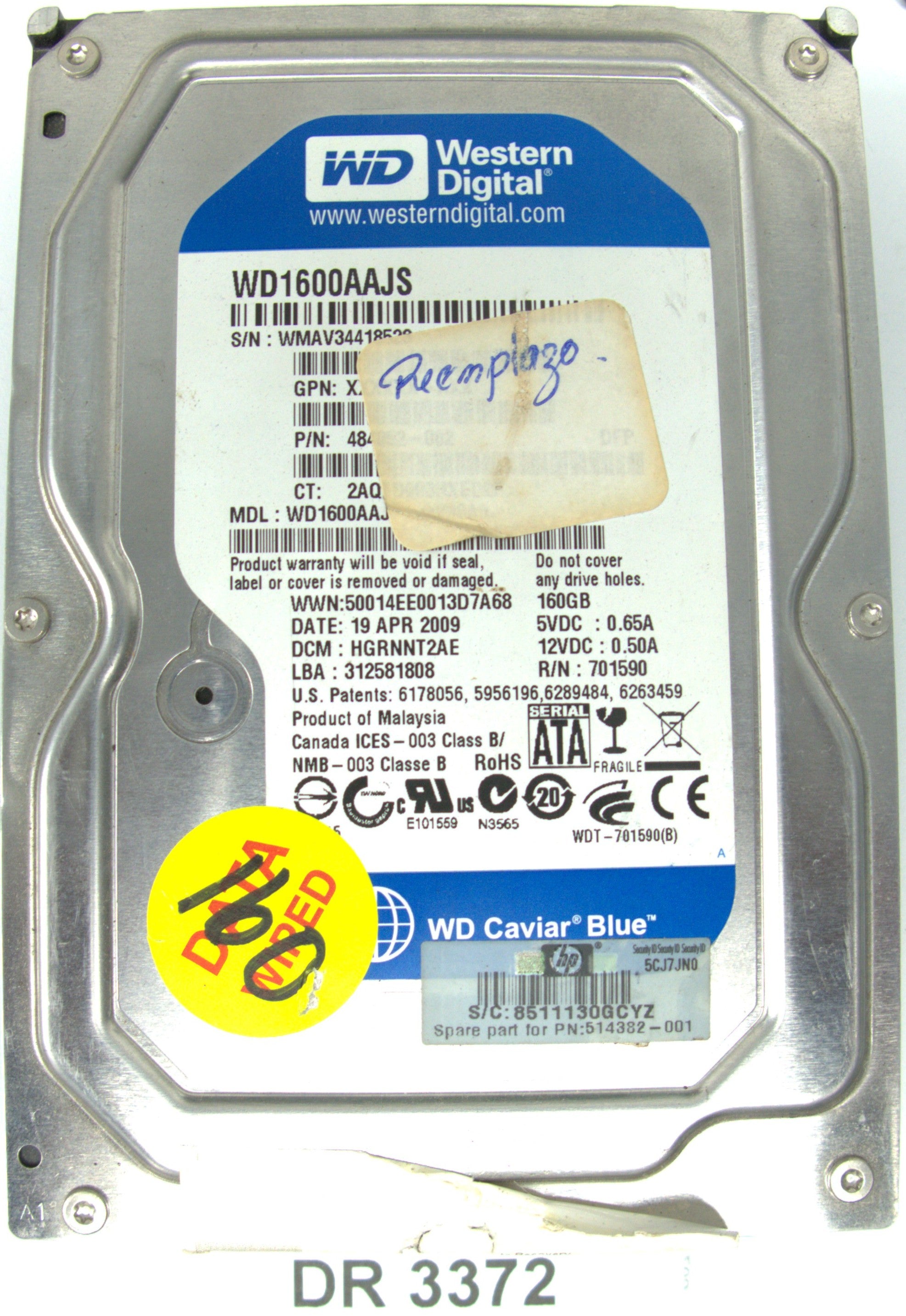 WD1600AAJS-, DCM: HGRNNT2AE, 160GB 3.5, PCB 2060-701590-000 REV A