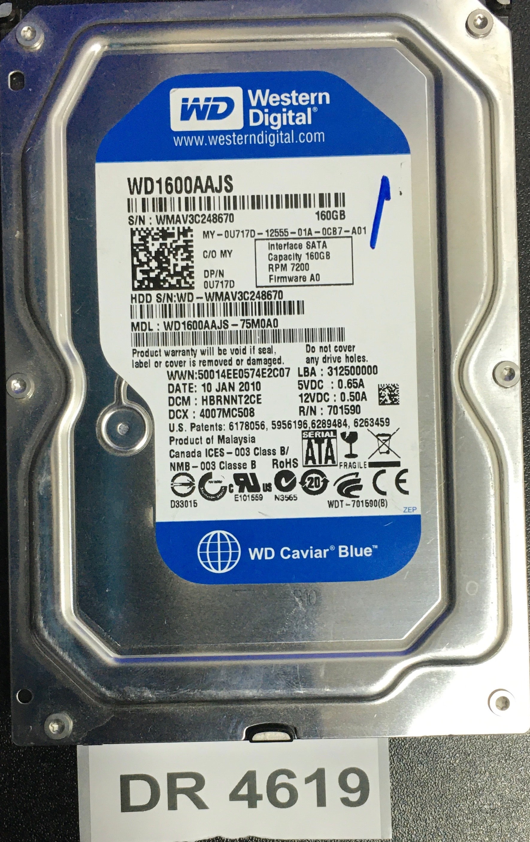 WD1600AAJS,  Serial: WMAV3C248670,  160GB 3.5,  PCB:2060-701590-001- REV A