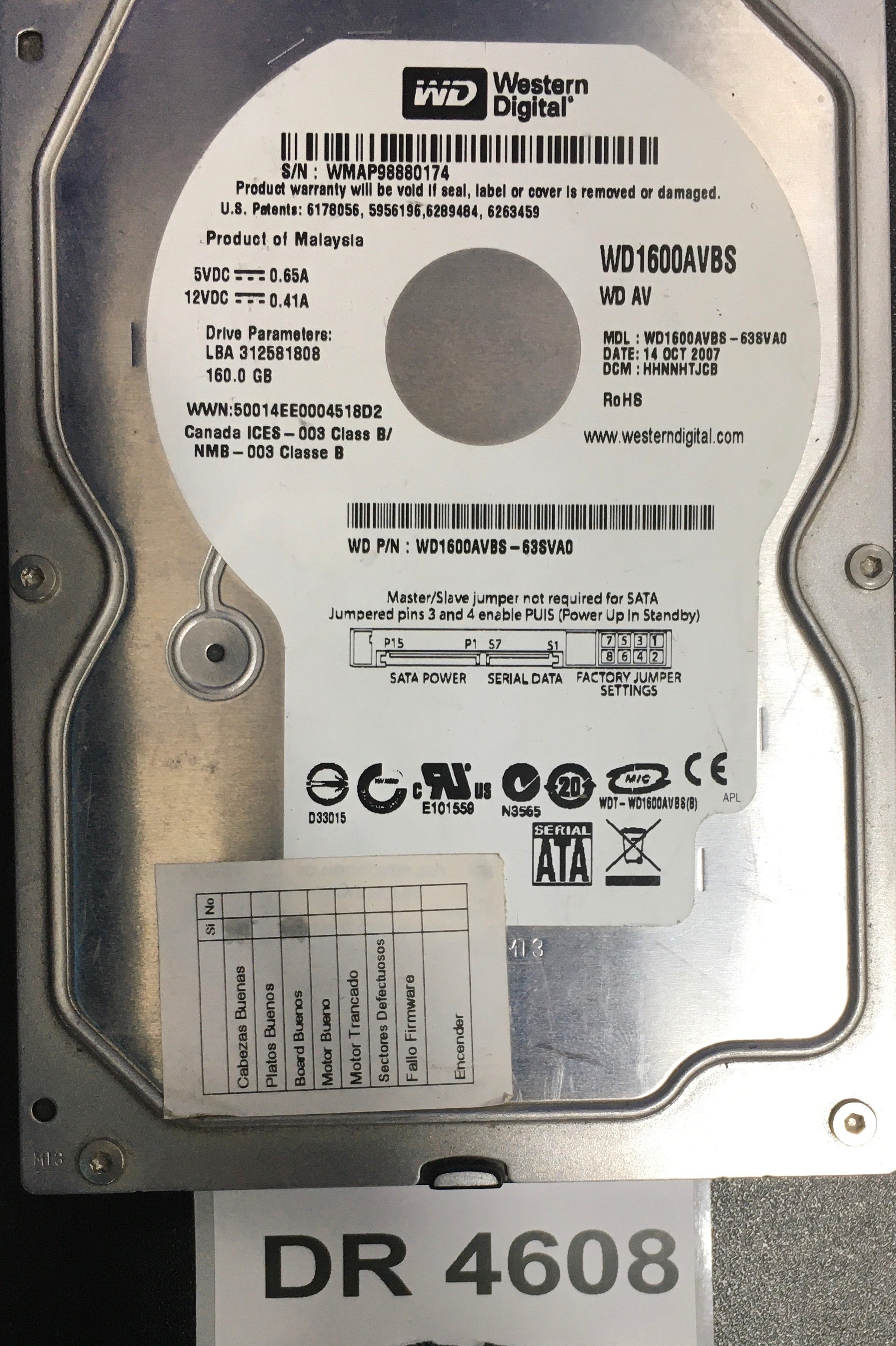 WD1600AVBS,  Serial: WMAP98880174,  160GB 3.5,  PCB:2060-701444-004- REV A