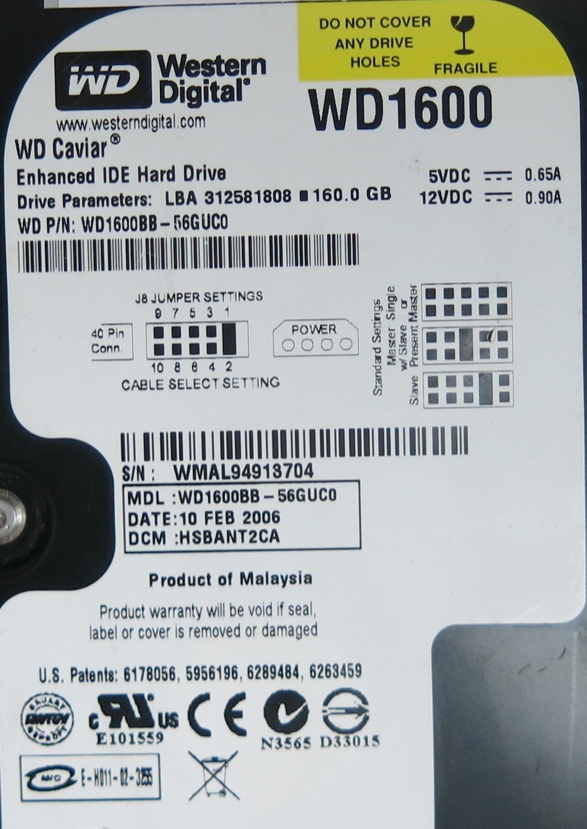 WD1600BB-56GUC0, DCM HSBANT2CA, 2060-701266-001 REV A PCB
