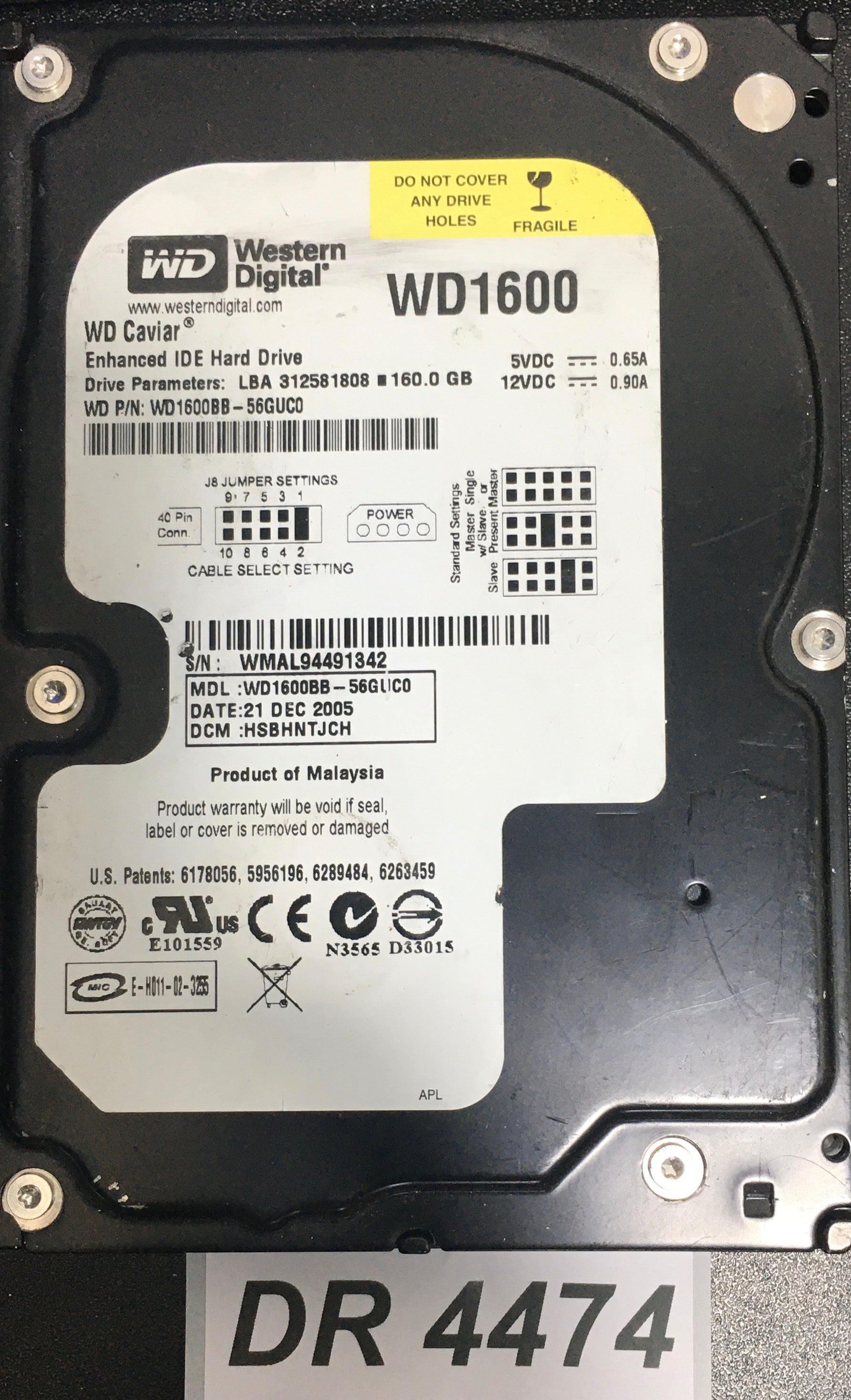 WD1600BB-56GUCO Serial:WMAL94491342   160GB 3.5