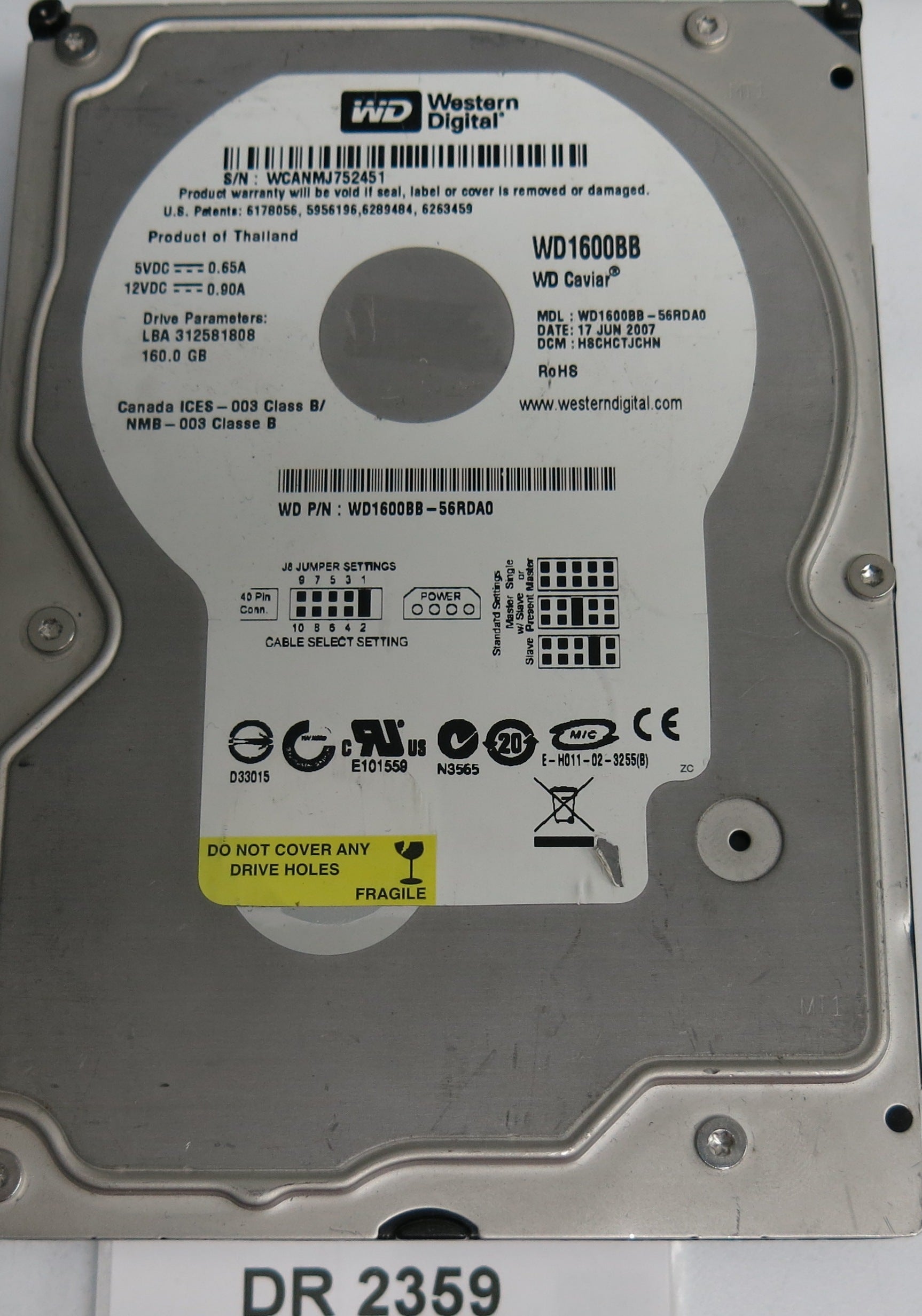 WD1600BB-56RDA0, DCM H8CHCTJCHN, 160GB 3.5