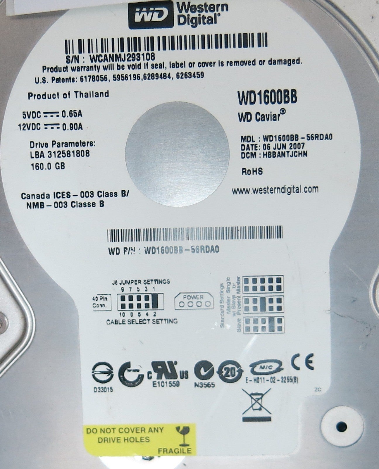 WD1600BB-56RDA0, DCM HBBANTJCHN, 2060-701292-002 REV A PCB