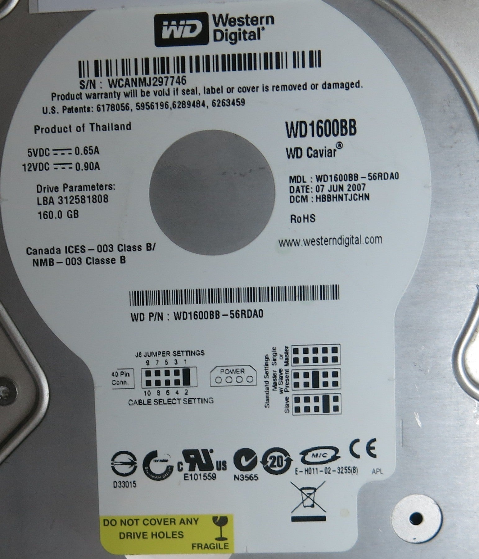 WD1600BB-56RDA0, DCM  HBBHNTJCHN, 2060-701292-002 REV A PCB