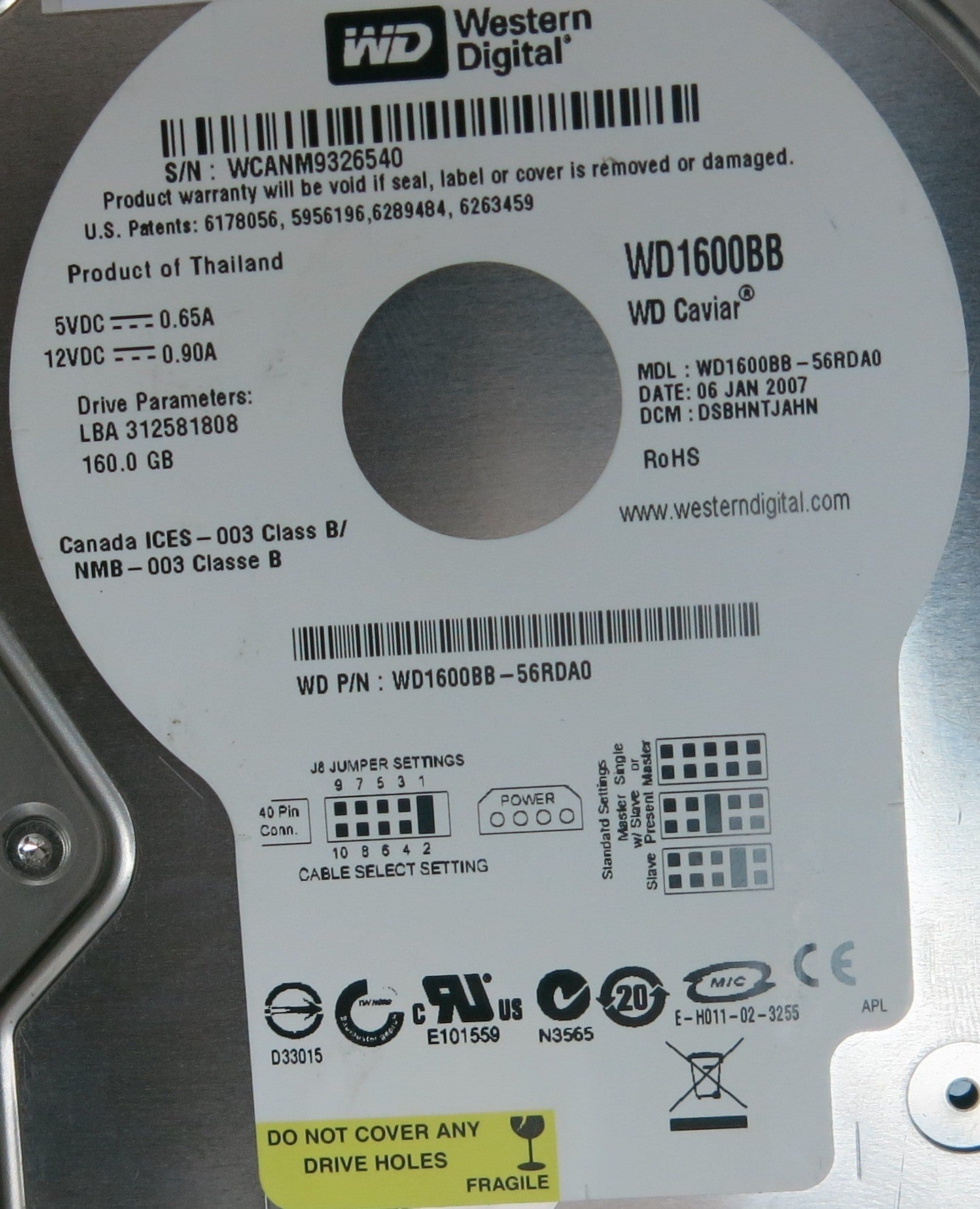 WD1600BB-56RDA0, DCM  HSBAYTJAHN, 2060701292-002 REV A PCB