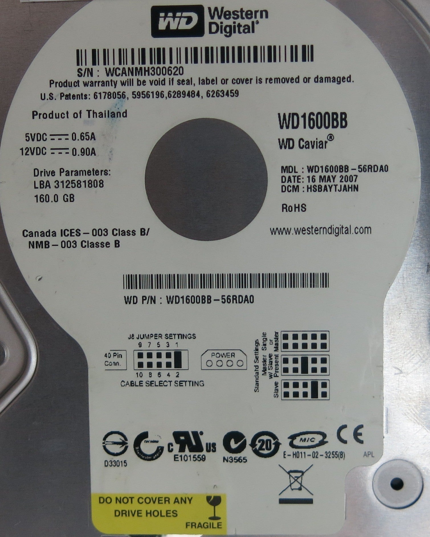 WD1600BB-56RDA0, DCM  HSBAYTJAHN, 2060701292-002 REV A PCB