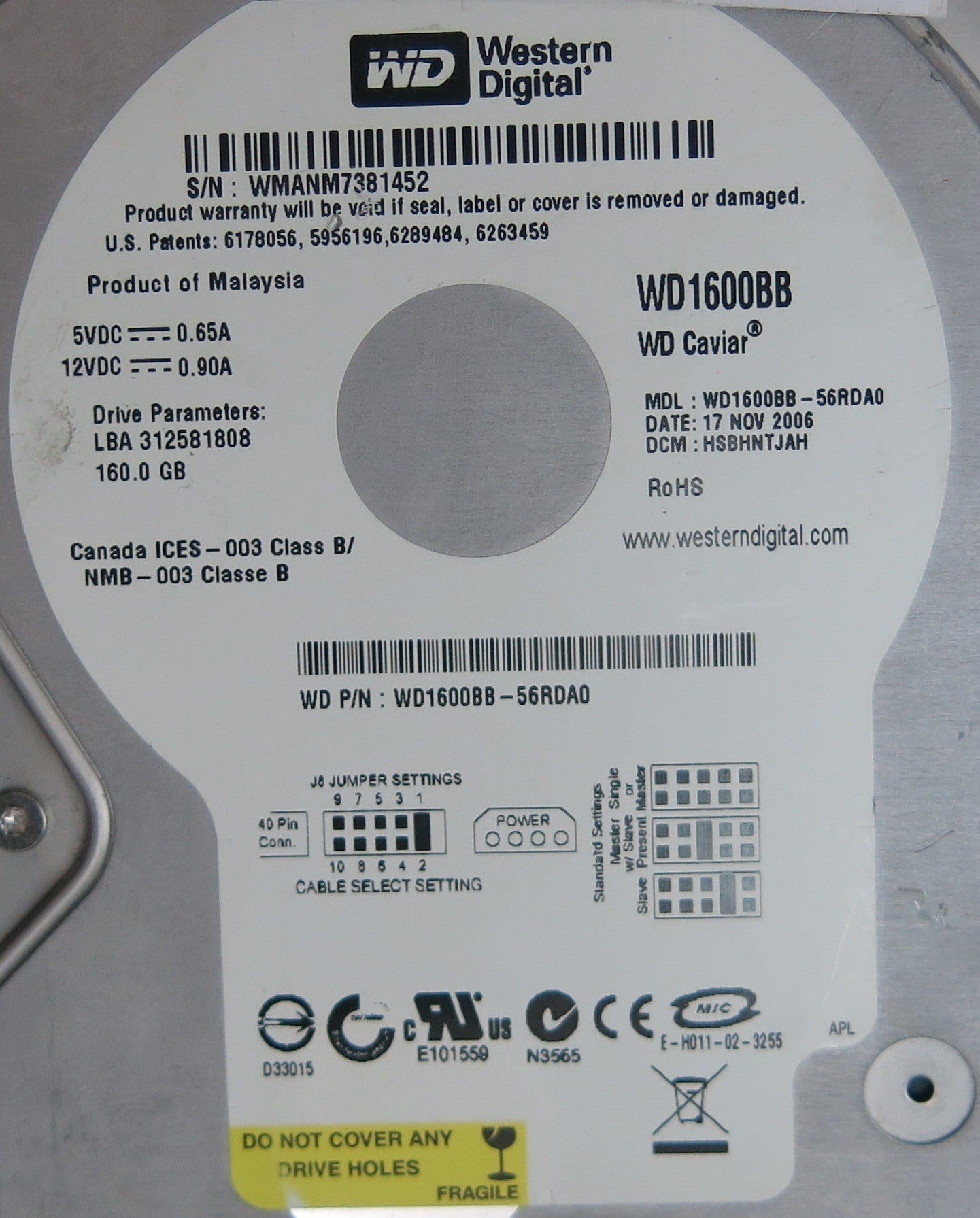 WD1600BB-56RDA0, DCM  HSBHNTJAH, 2060701292-002 REV A PCB