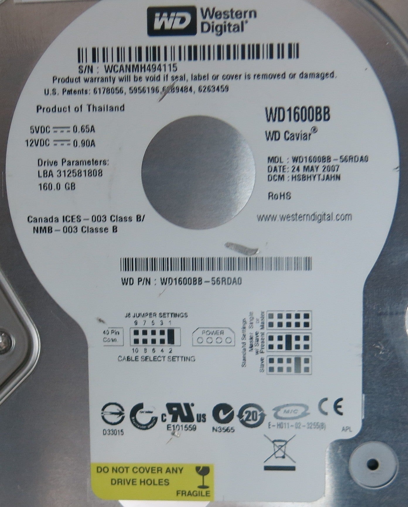 WD1600BB-56RDA0, DCM  HSBHYTJAHN, 2060701292-002 REV A PCB