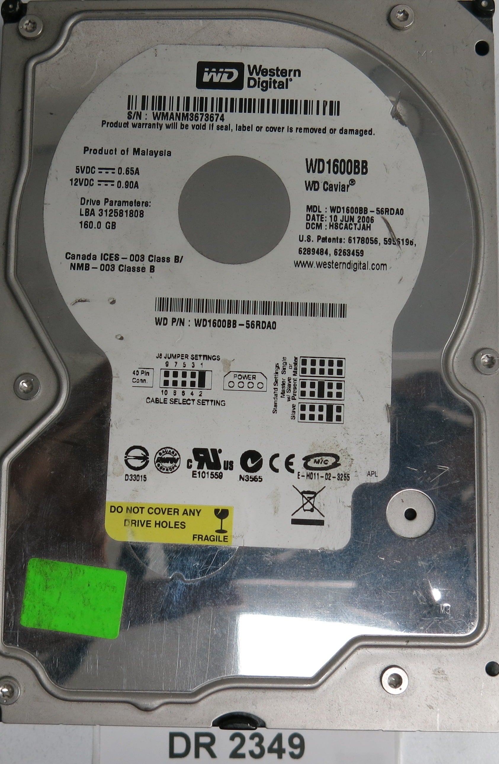 WD1600BB-56RDA0,  DCM HSCACTJAH,  Serial Number: WMANM3673674,  1600GB 3.5