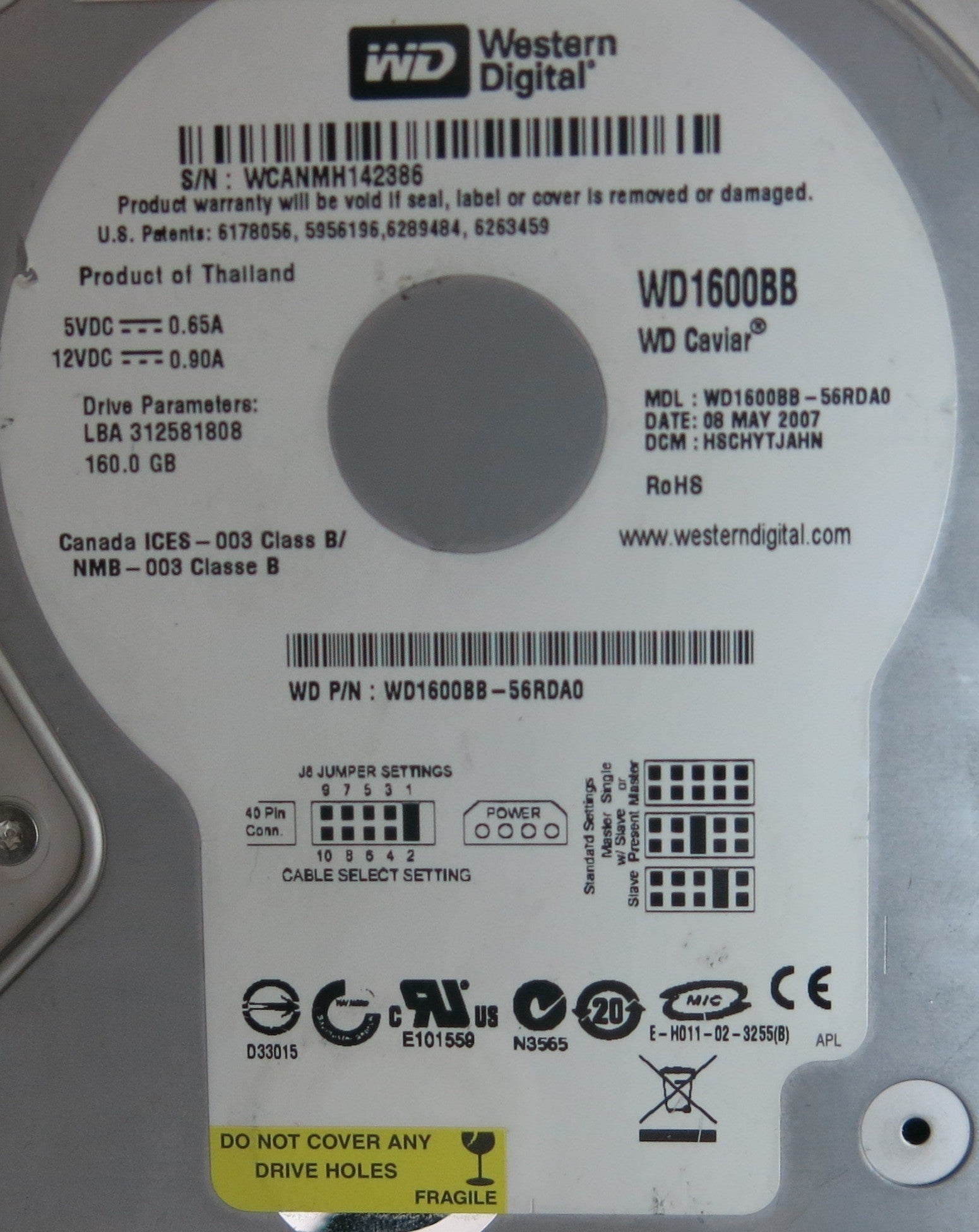 WD1600BB-56RDA0, DCM  HSCHYTJAHN, 2060701292-002 REV A PCB