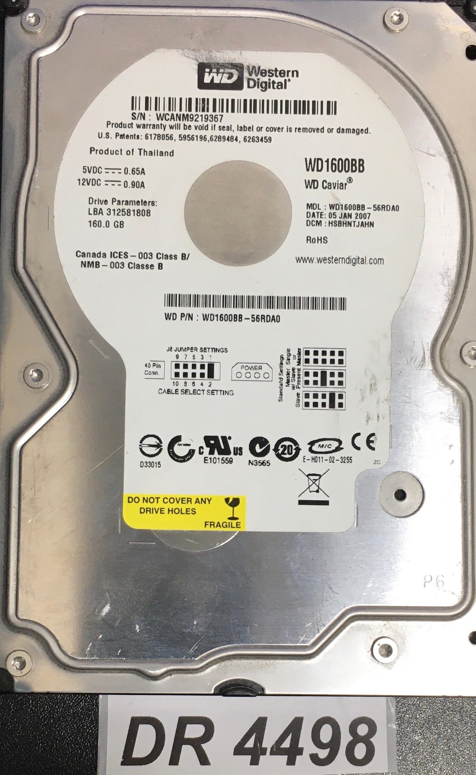 WD1600BB-56RDA0  P/N:WD1600BB-56RDA0  Serial:WCANM9219367  160GB 3.5  PCB: 2060-701292-002 REV A
