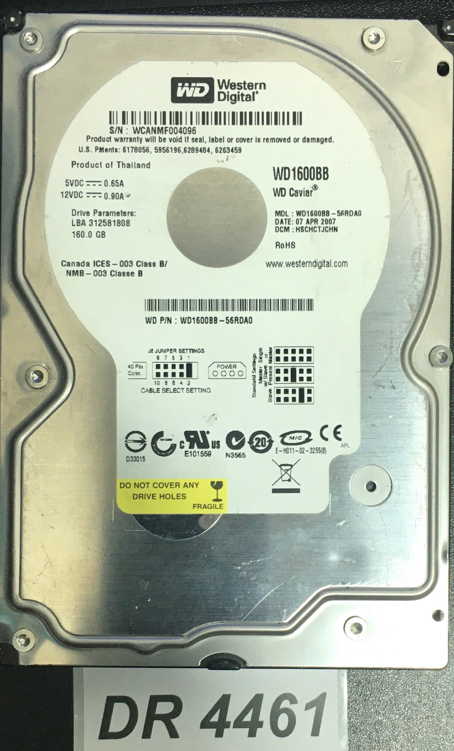 WD1600BB-56RDA0 P/N:  WD1600BB-56RDA0  Serial:WCANMF004096   160GB 3.5  PCB: 2060-701292-002 REV A