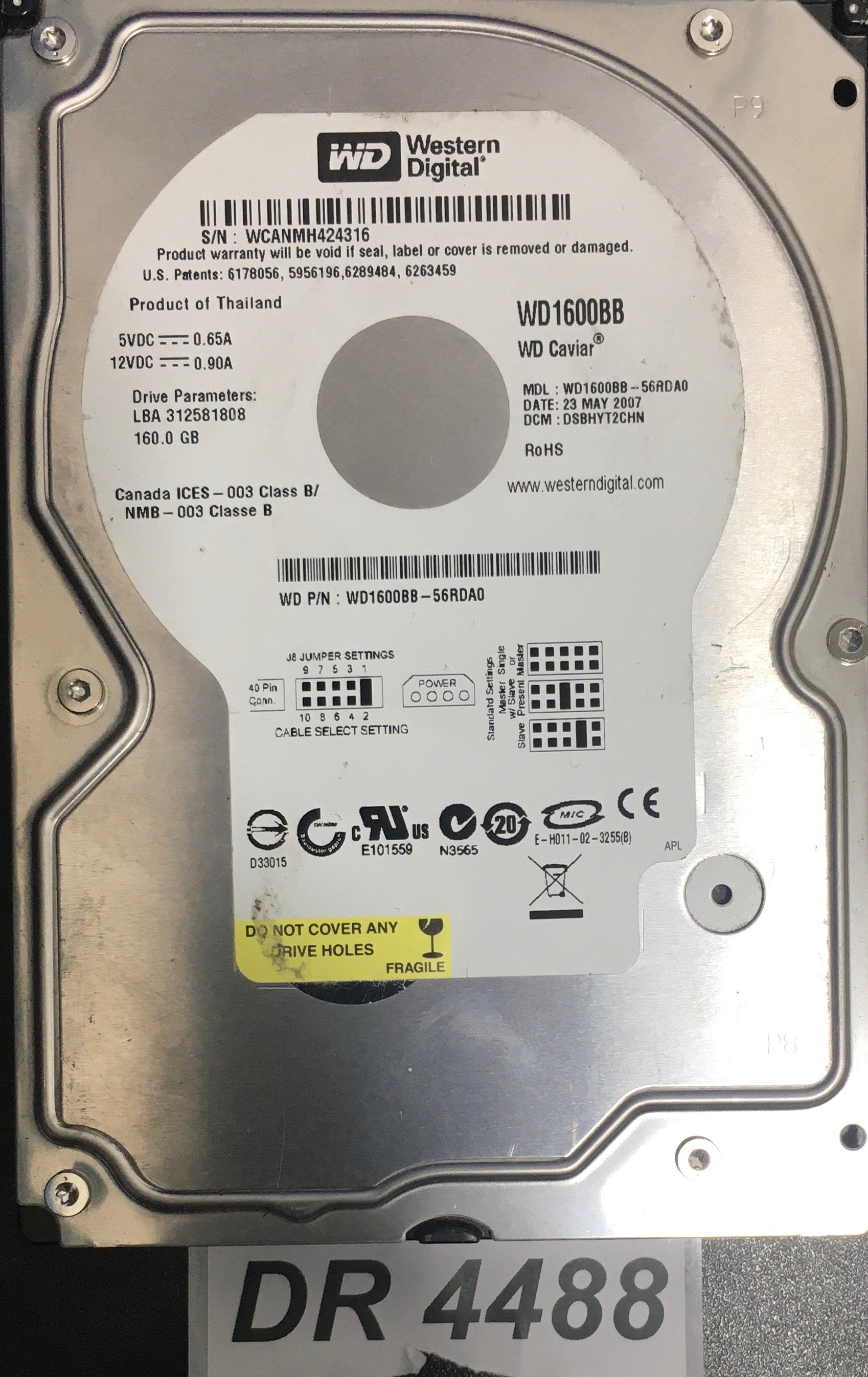 WD1600BB-56RDA0  P/N:WD1600BB-56RDA0  Serial:WCANMH42316  160GB 3.5  PCB: 2060-701292-002 REV A