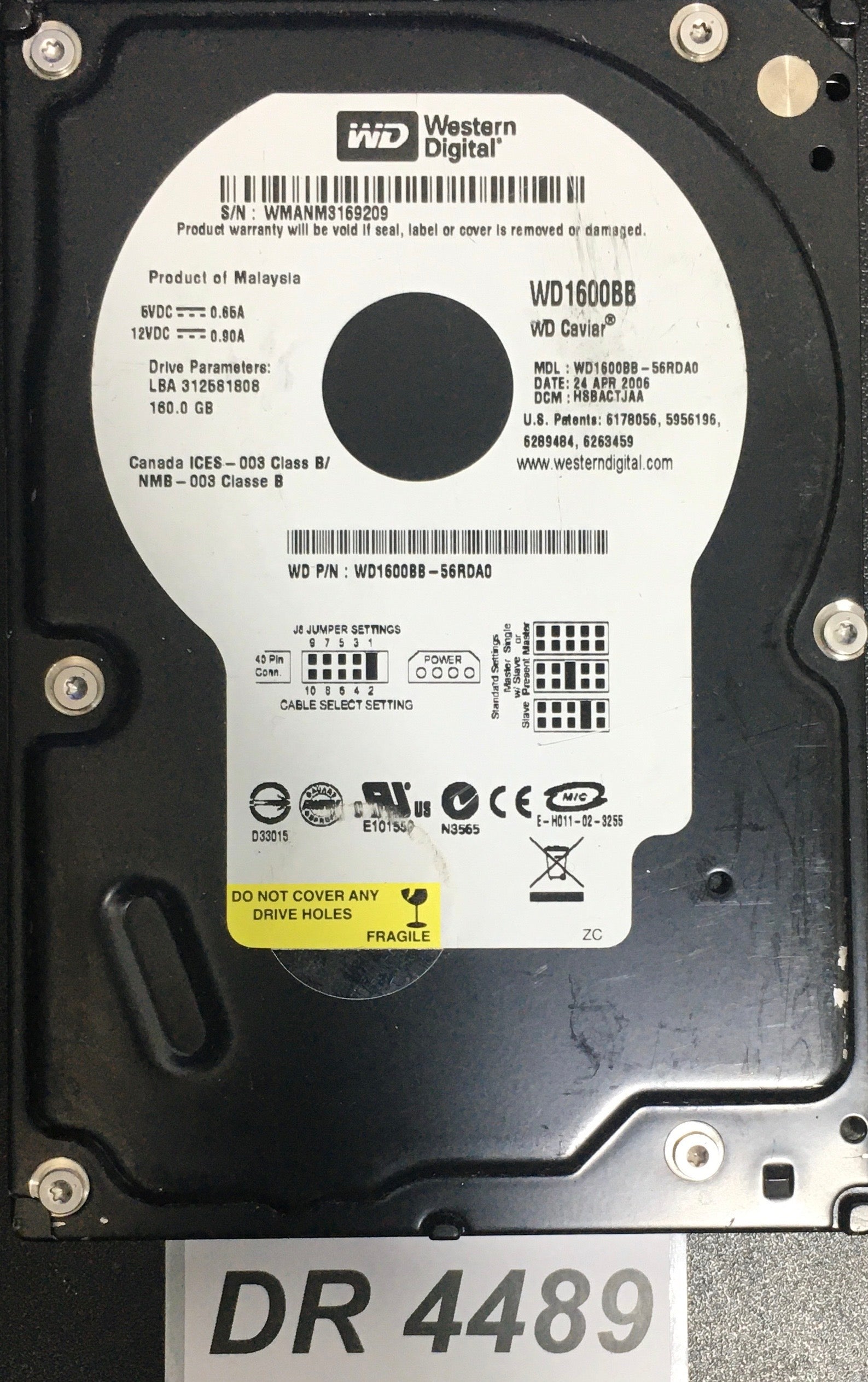 WD1600BB-56RDA0  P/N:WD1600BB-56RDA0  Serial:WMANM3169209  160GB 3.5  PCB: 2060-701292-001 REV A