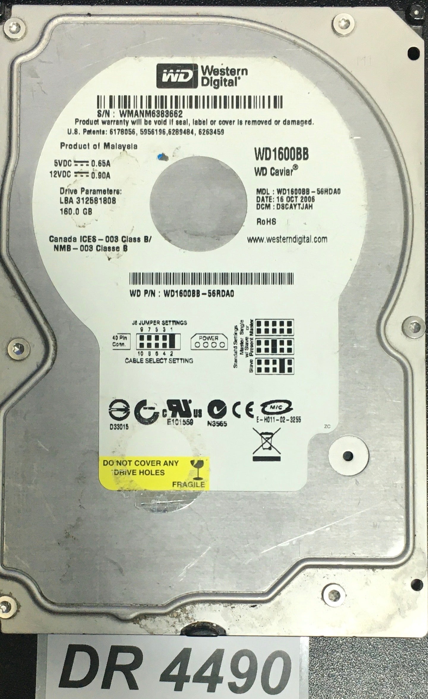 WD1600BB-56RDA0  P/N:WD1600BB-56RDA0  Serial:WMANM6383662  160GB 3.5  PCB: 2060-701292-002 REV A