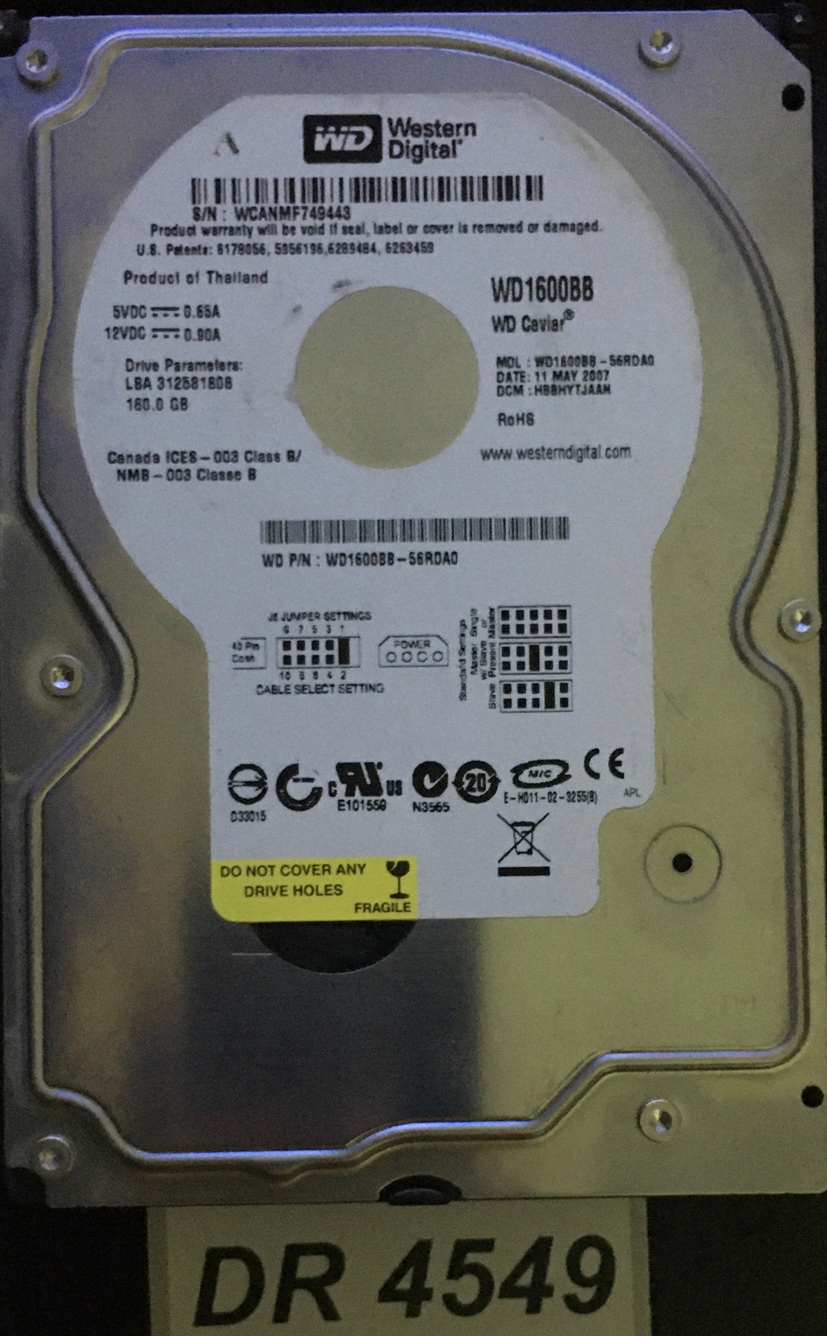 WD1600BB-56RDA0,  Serial: WCANMF749443  160GB 3.5  2060-701292-002 PCB:- REV A