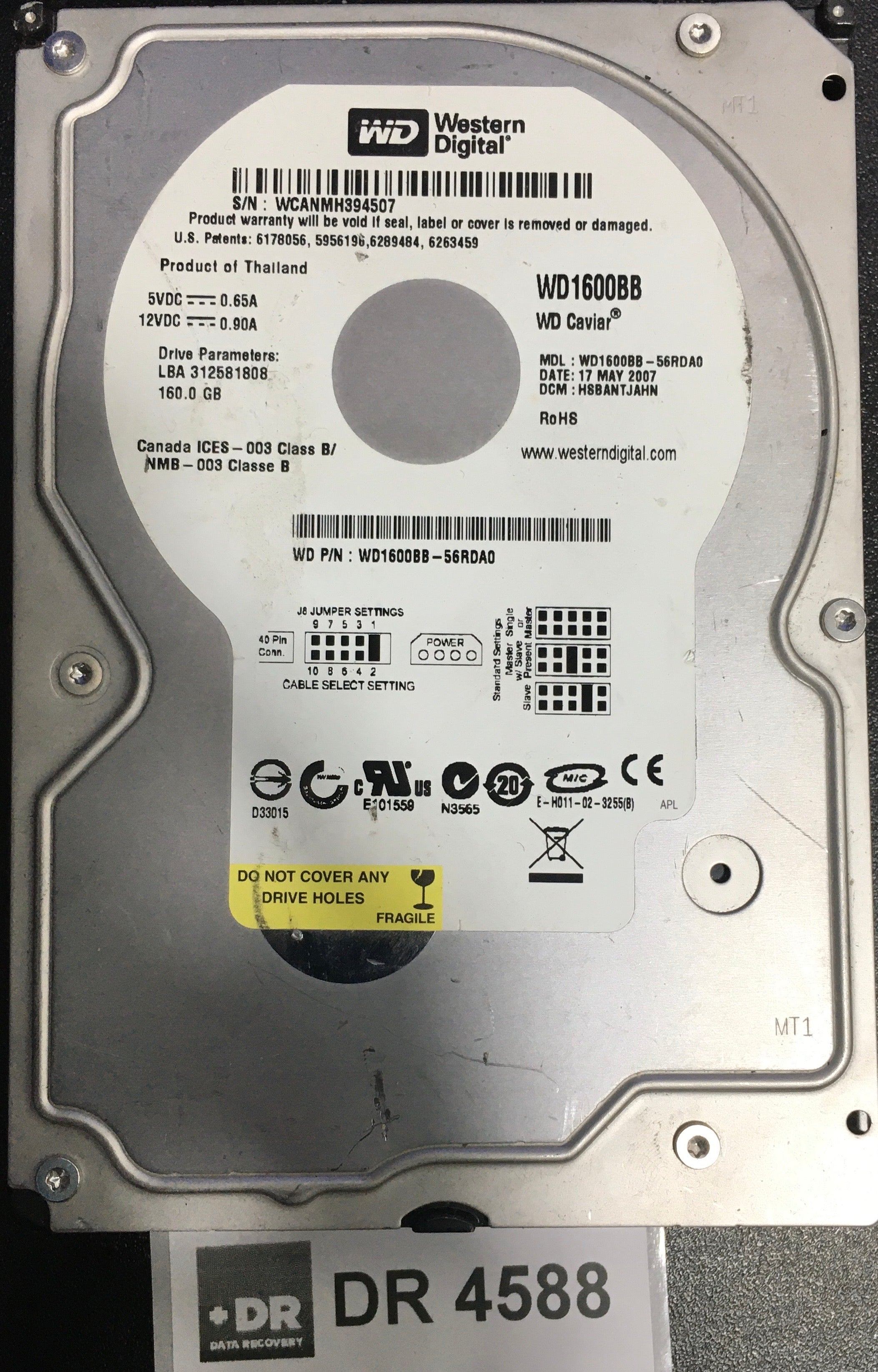 WD1600BB-56RDA0,  Serial: WCANMH394507,  160GB 3.5  PCB:2060-701292-002- REV A