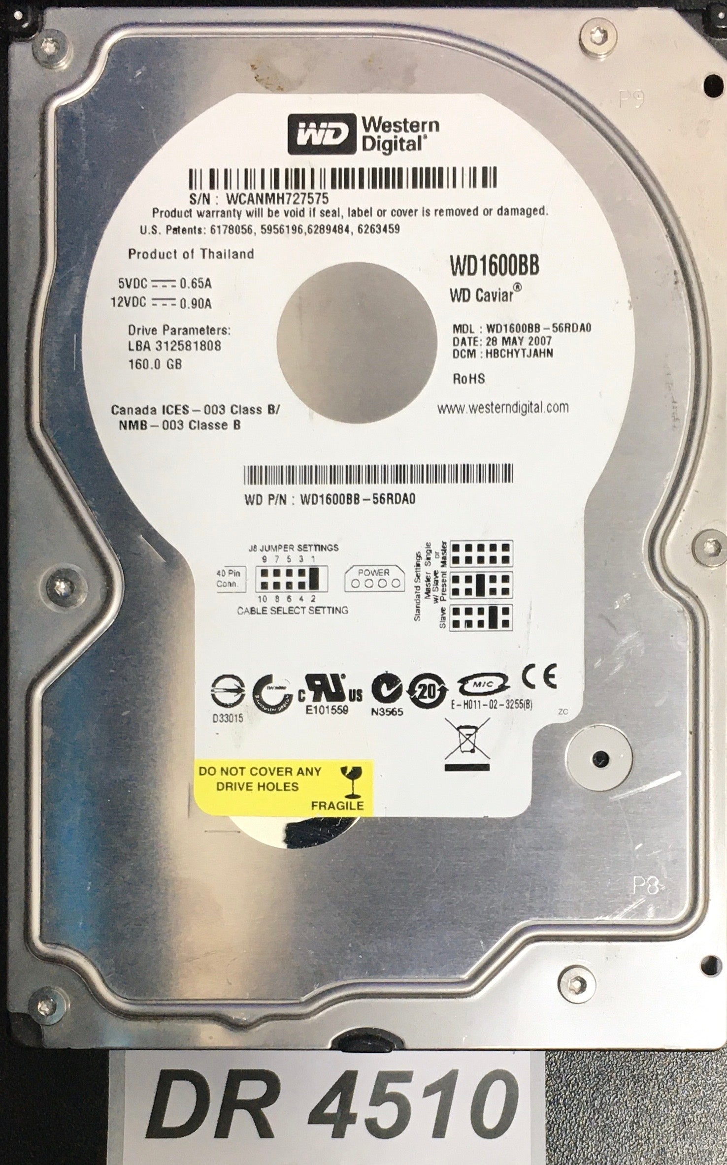 WD1600BB-56RDA0   Serial:WCANMH727575  160GB 3.5  PCB: 2060-701292-002 REV A