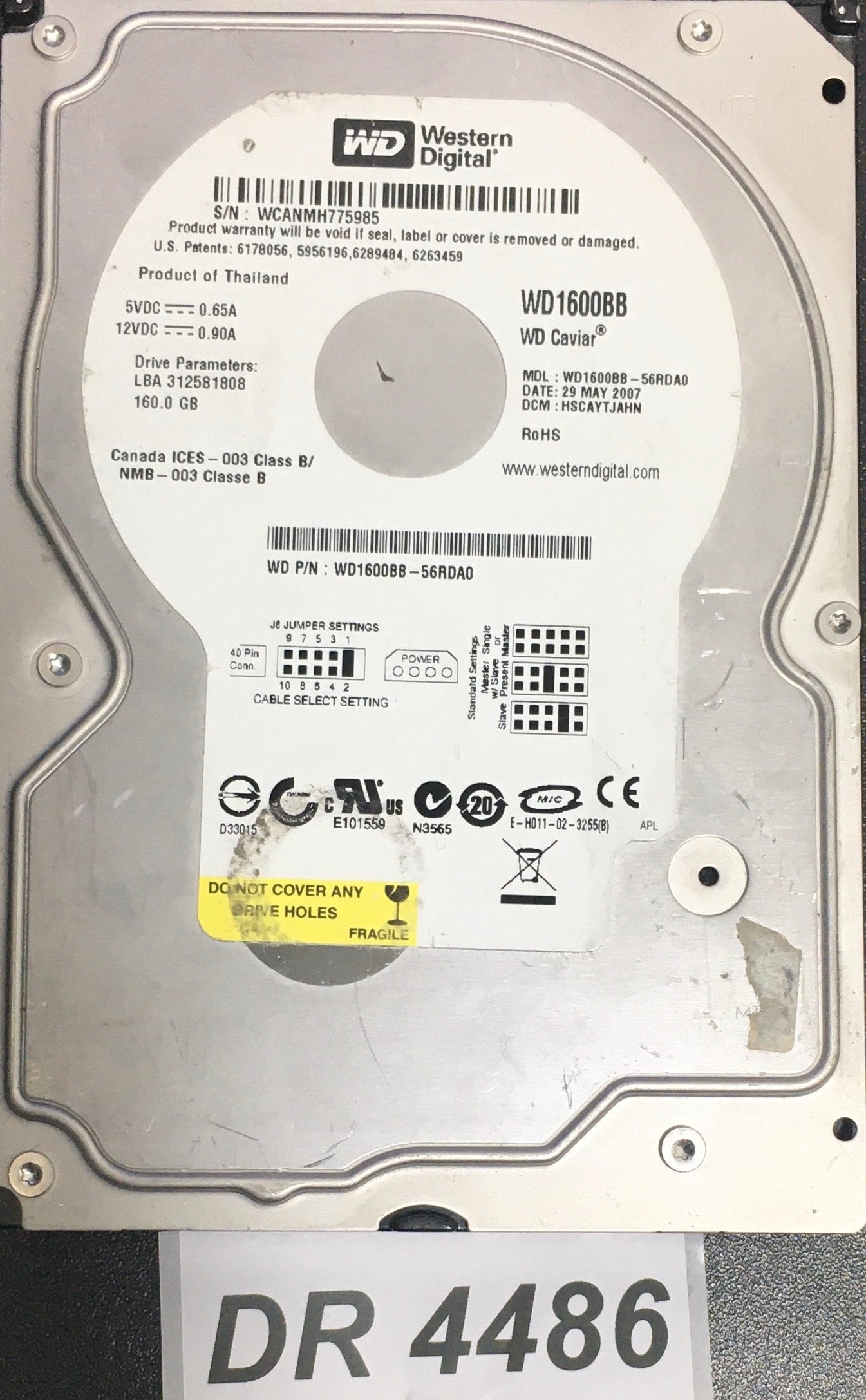WD1600BB-56RDA0 Serial:WCANMH775985  160GB 3.5  PCB: 2060-701292-002 REV A