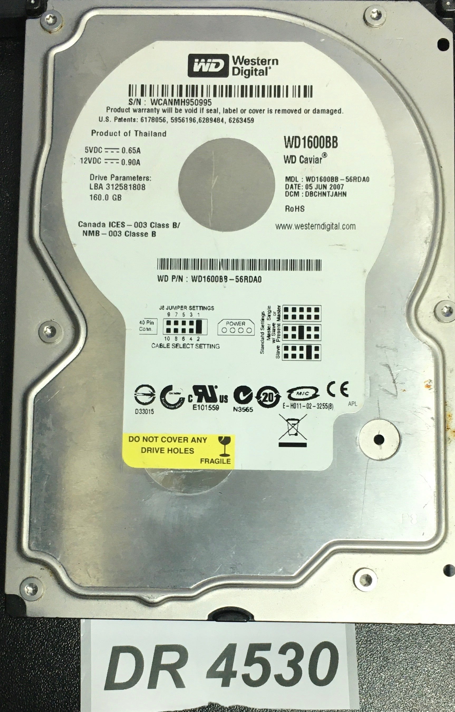 WD1600BB-56RDA0  Serial:WCANMH950995  160GB 3.5  PCB: 2060-701292-002 REV A
