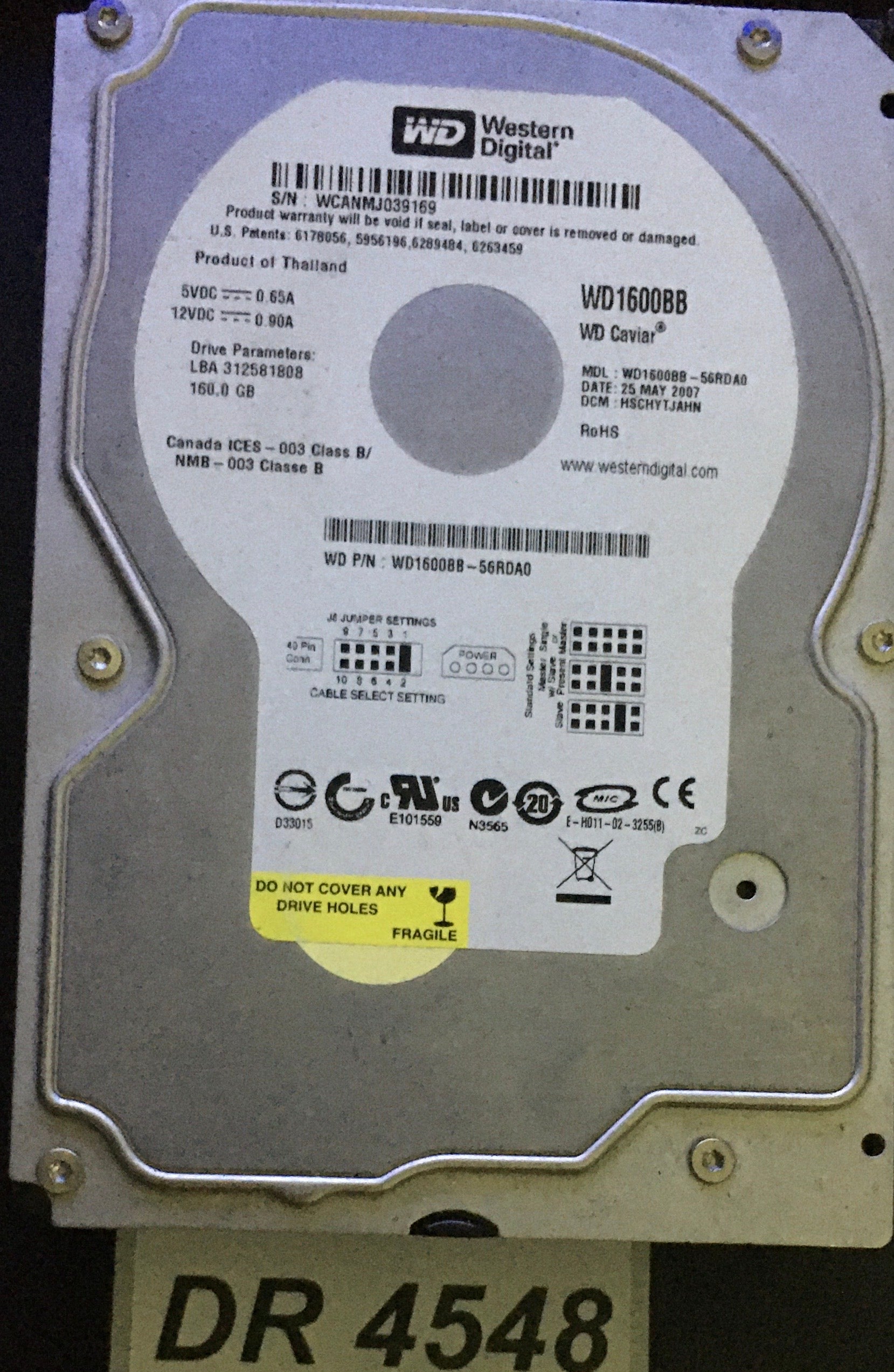WD1600BB-56RDA0   Serial:WCANMJ039169  160GB 3.5  PCB: 2060-701292-002 REV A