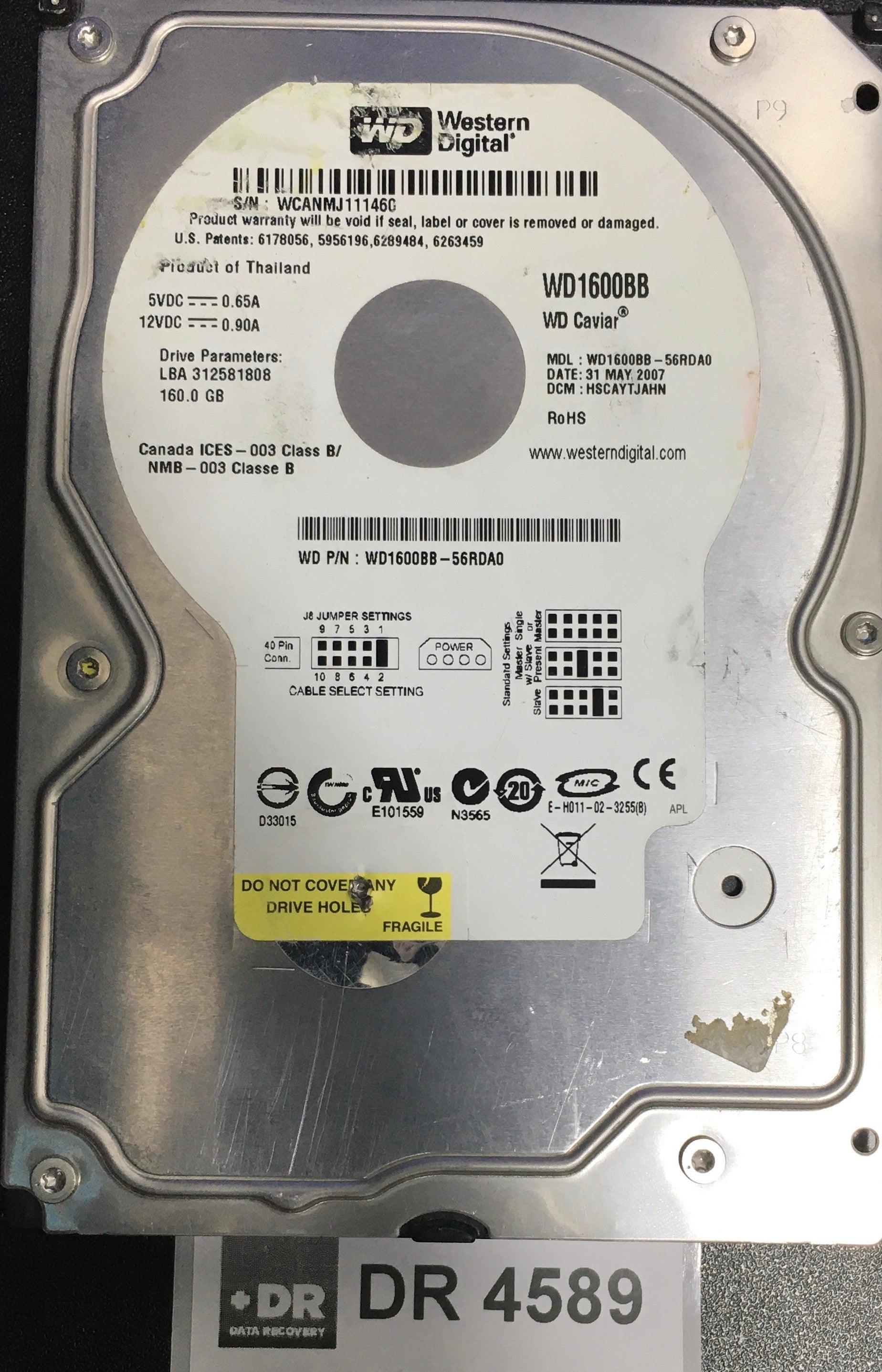 WD1600BB-56RDA0,  Serial: WCANMJ111460,  160GB 3.5  PCB:2060-701292-002- REV A