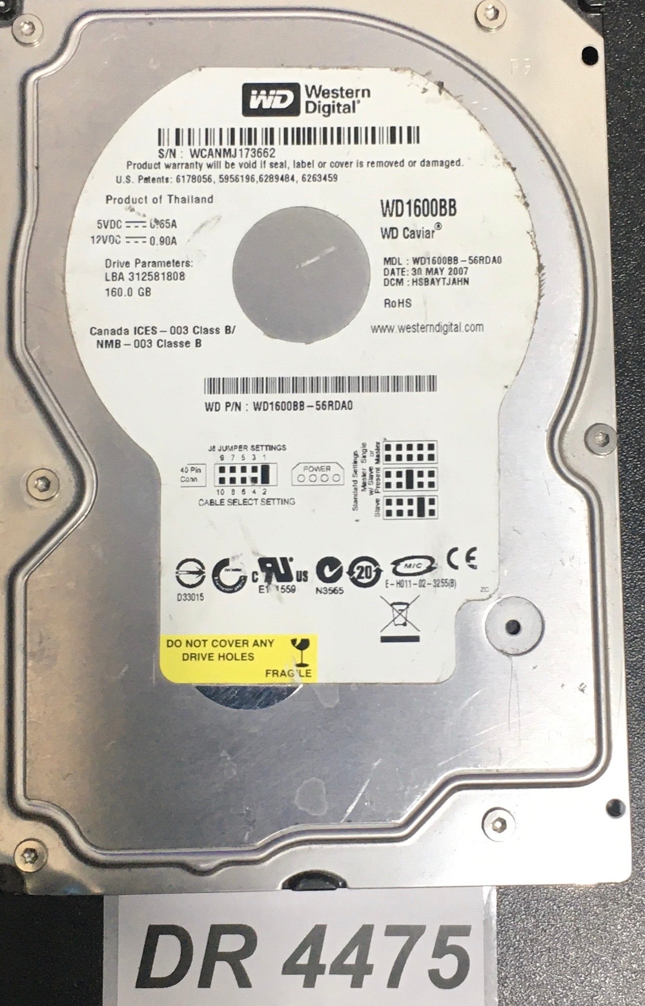 WD1600BB-56RDA0  Serial: WCANMJ173662  160GB 3.5  PCB: 2060-701292-002 REV A