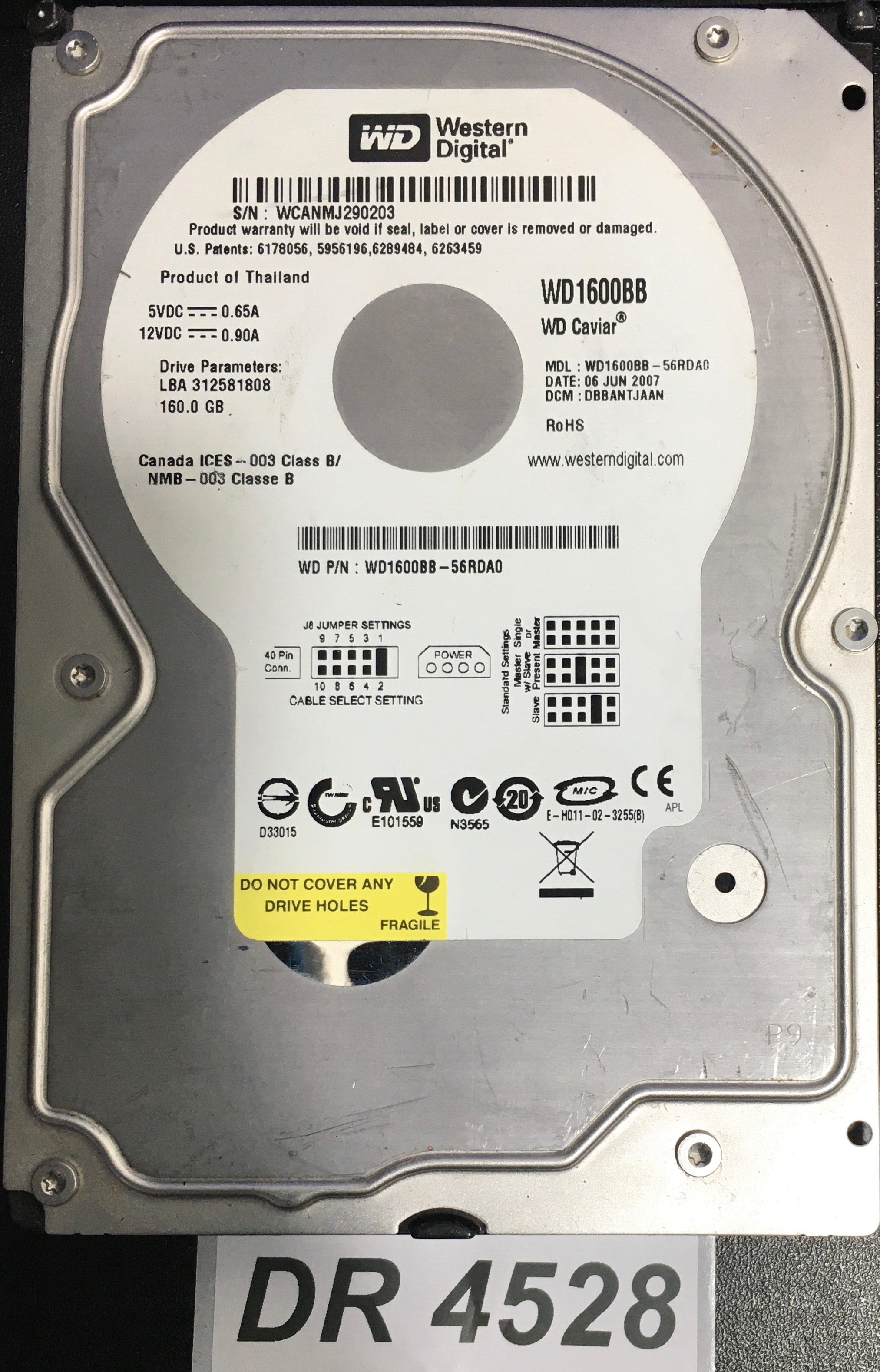WD1600BB-56RDA0  Serial:WCANMJ290203  160GB 3.5  PCB: 2060-701292-002 REV A