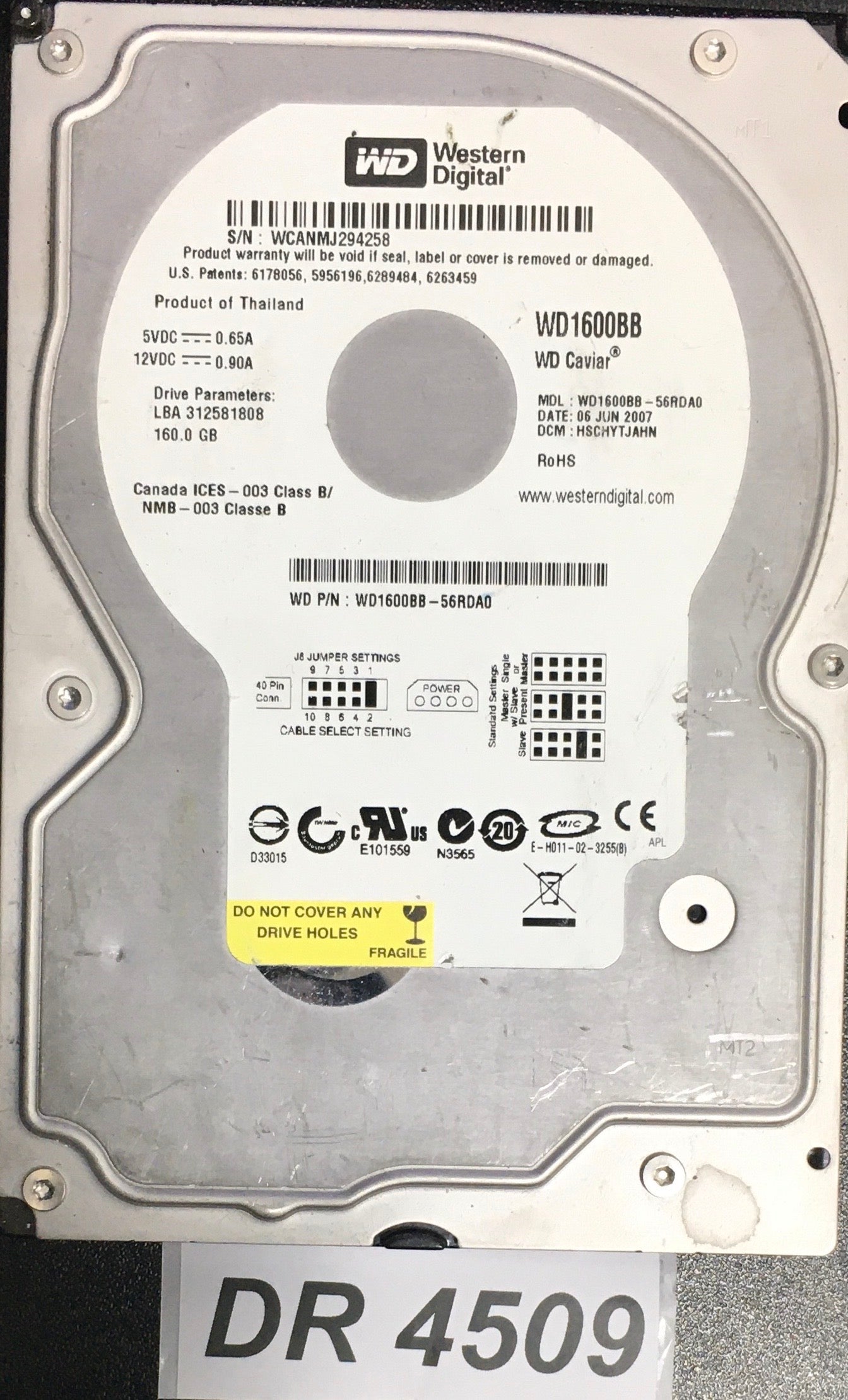 WD1600BB-56RDA0  Serial:WCANMJ294258  160GB 3.5  PCB: 2060-701292-002 REV A