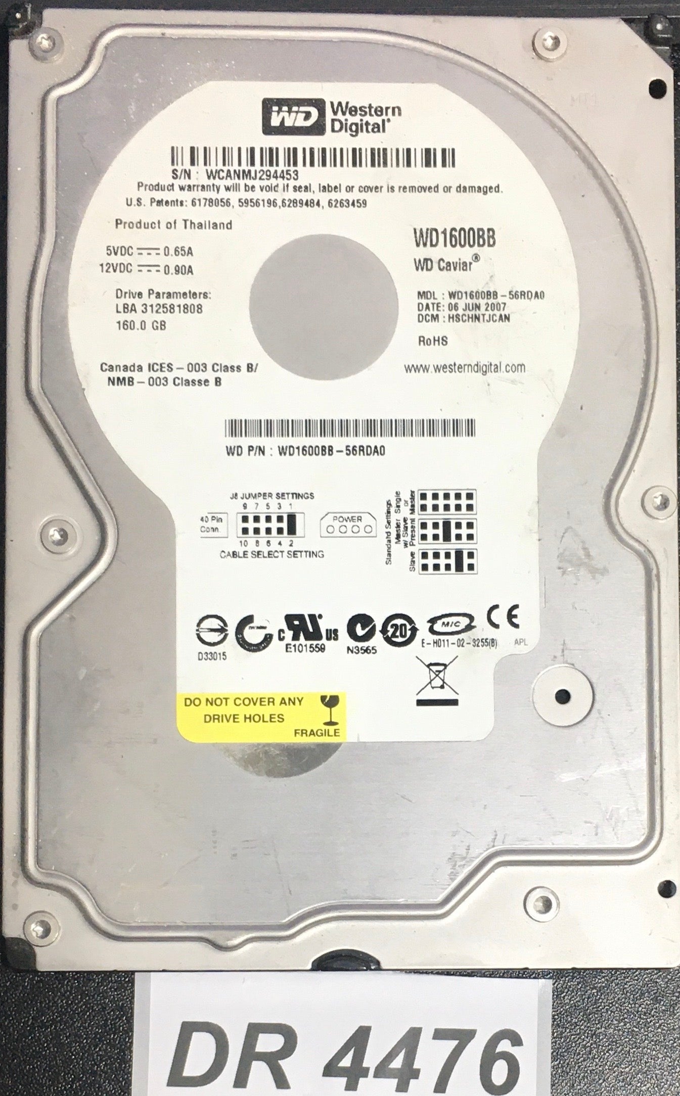 WD1600BB-56RDA0 Serial:WCANMJ294453   160GB 3.5  PCB: 2060-701292-002 REV A