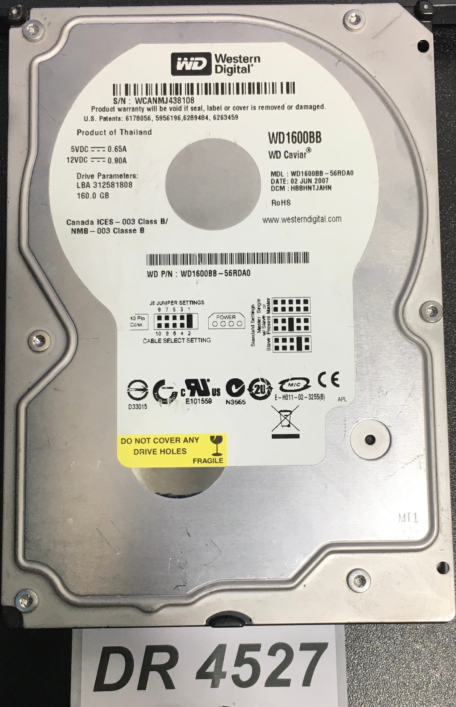 WD1600BB-56RDA0  Serial:WCANMJ438108  160GB 3.5  PCB: 2060-701292-002 REV A