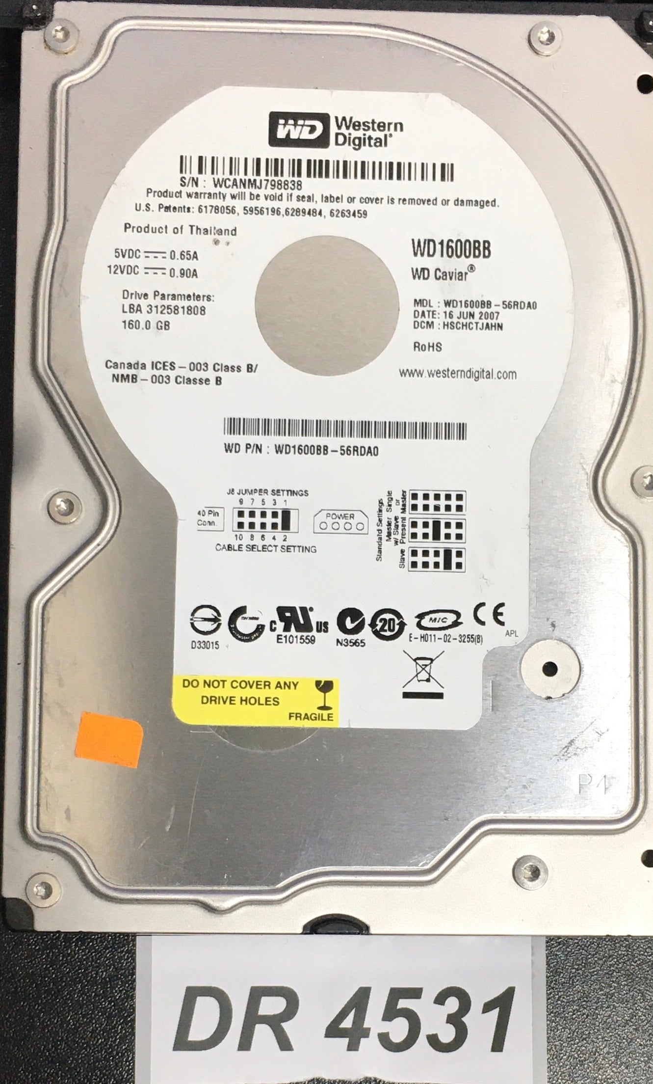 WD1600BB-56RDA0,  Serial: WCANMJ798838,  160GB 3.5  2060-701292-002 PCB