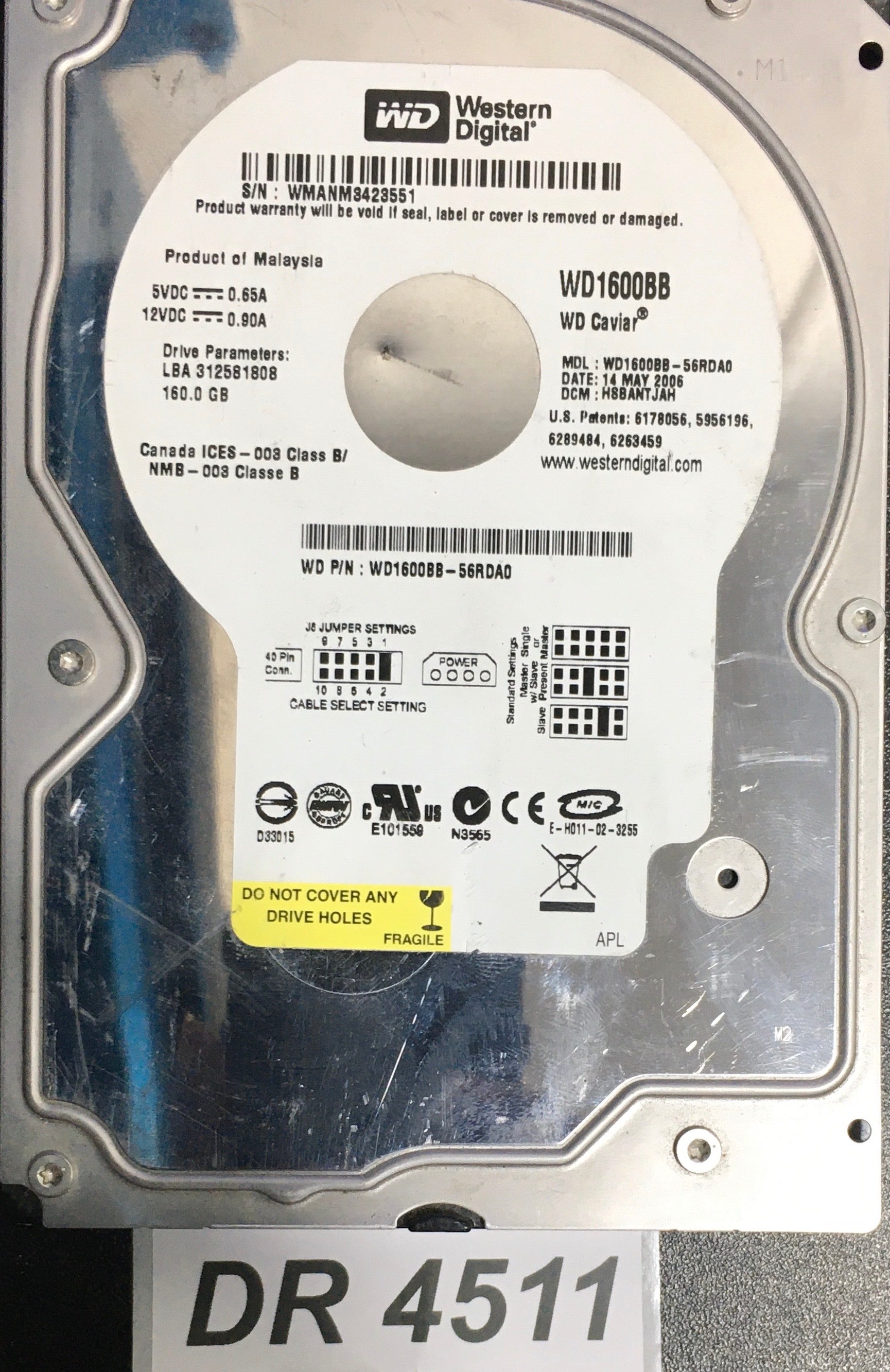 WD1600BB-56RDA0  Serial:WMANM3423551  160GB 3.5  PCB: 2060-701292-001 REV A