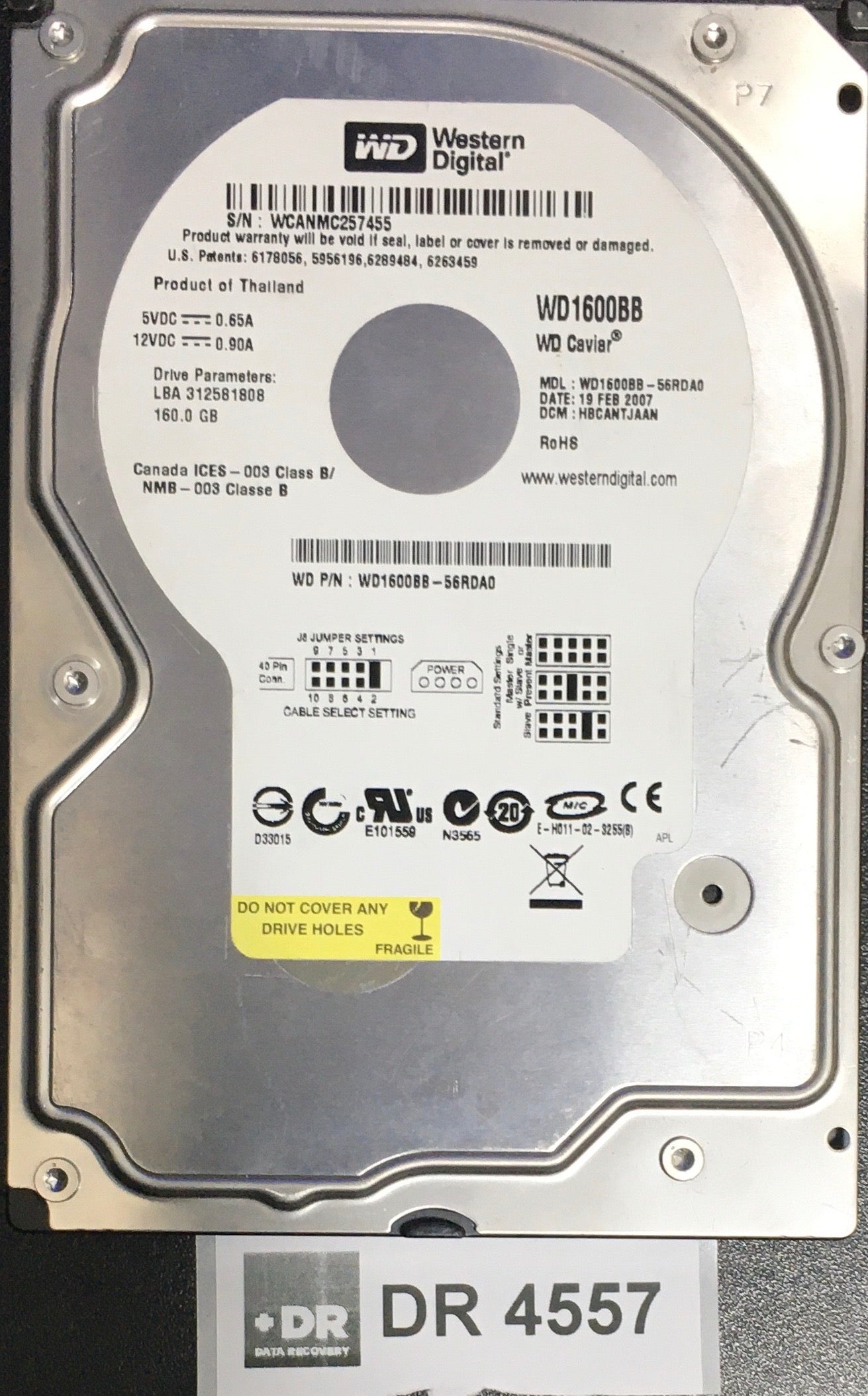 WD1600BB'56RDA0,  Serial: WCANMC257455,  160GB 3.5  2060-701292-002PCB:- REV A